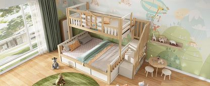 Children's Bunk Bed with Window and Safety Railing in White & Natural Wood