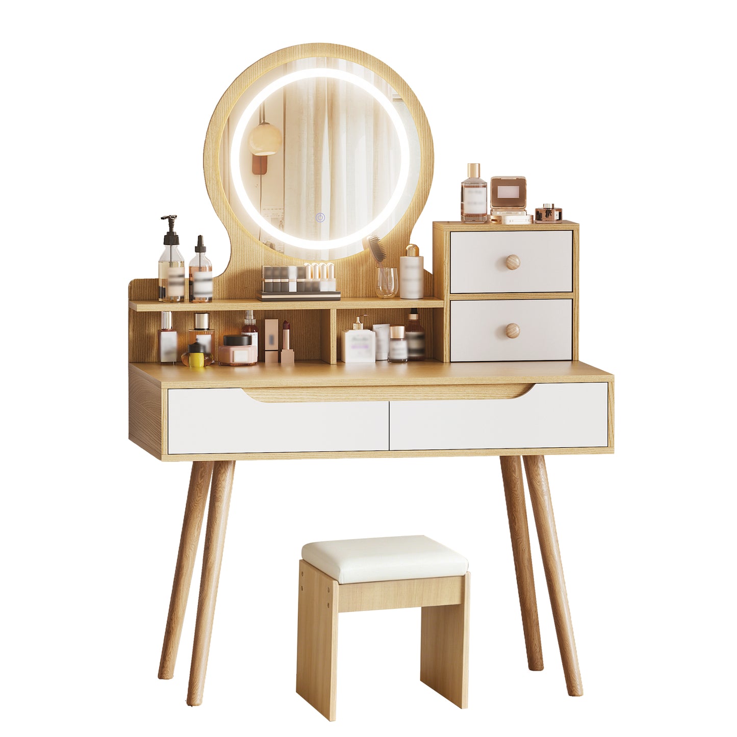 LED Vanity Mirror with Lighting and Cushion Stool