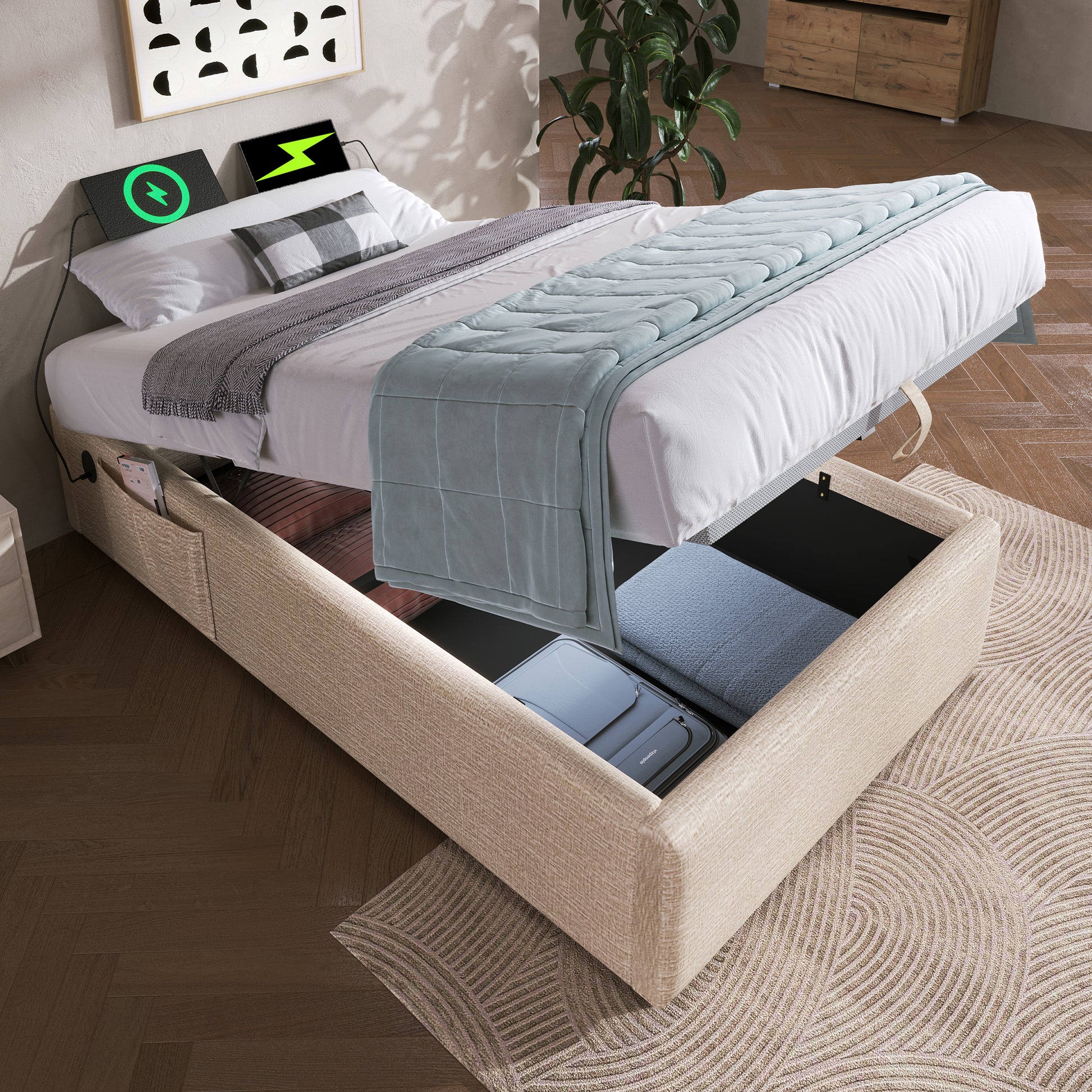 Gigab2b original image - Polsterbett Einzelbett 90×200 cm, Struraumbett Bettgestell mit USB- C und Vollflächiger Lattenrost, Ohne Kopfteil, Leinen, Natürlich