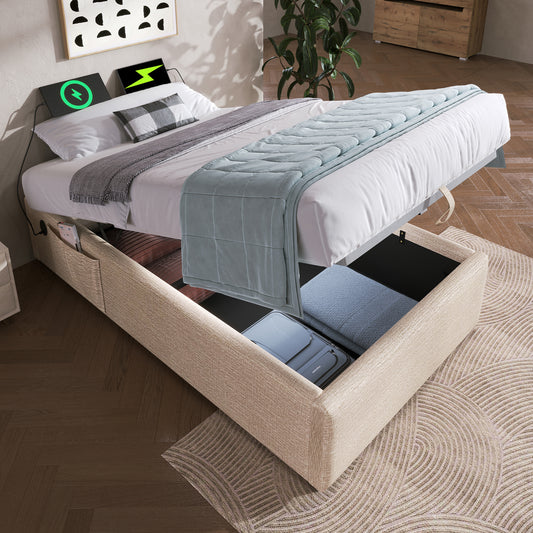 Gigab2b original image - Polsterbett Einzelbett 90×200 cm, Struraumbett Bettgestell mit USB- C und Vollflächiger Lattenrost, Ohne Kopfteil, Leinen, Natürlich