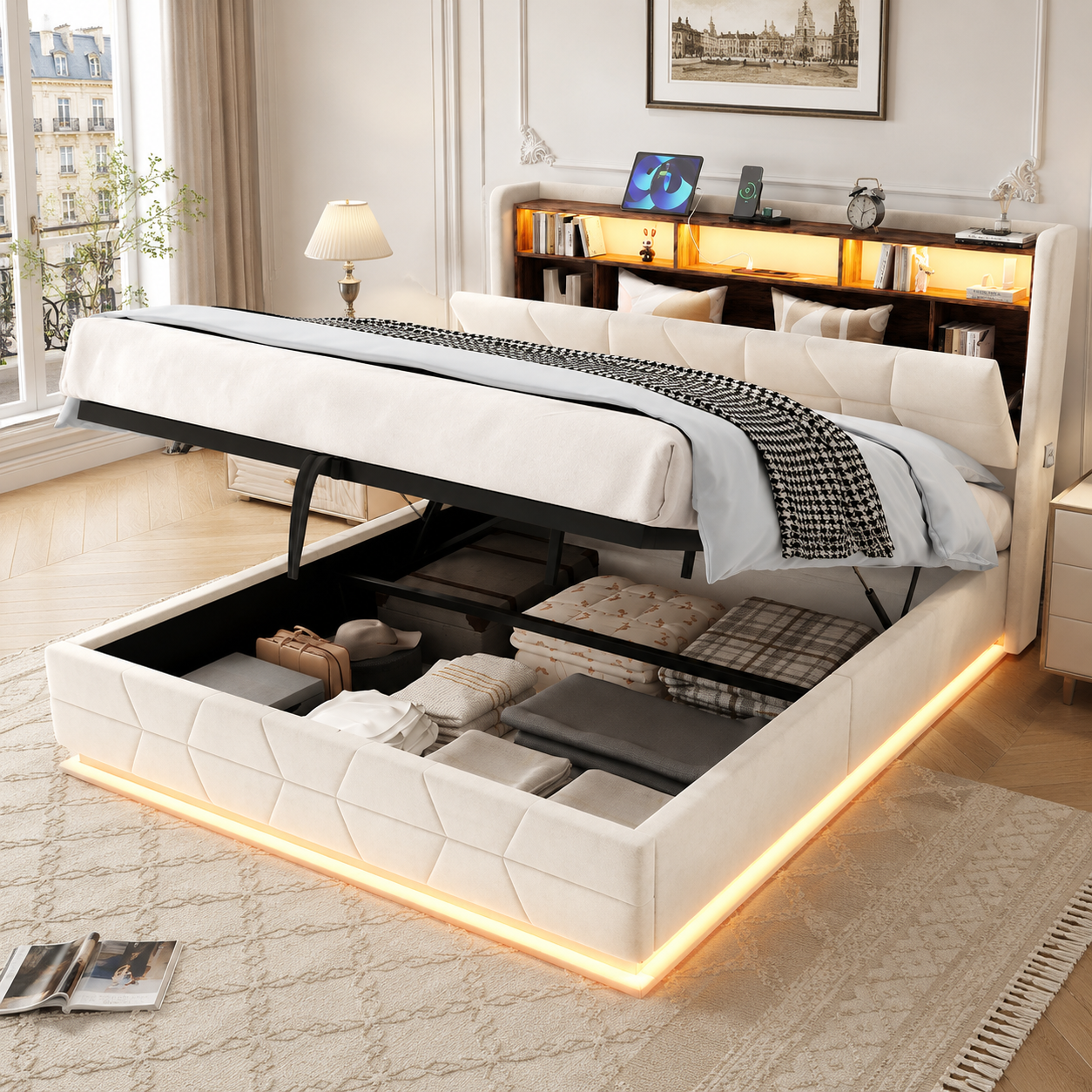 Gigab2b original image - Multifunktionales Bett mit LED-Beleuchtung, Offene Regale, Seitentaschen und USB/Type-C-Ladestation – Stauraum-Kopfbrett plus Federholzrahmen (300 kg) für maximalen Komfort.140*200cm Beige