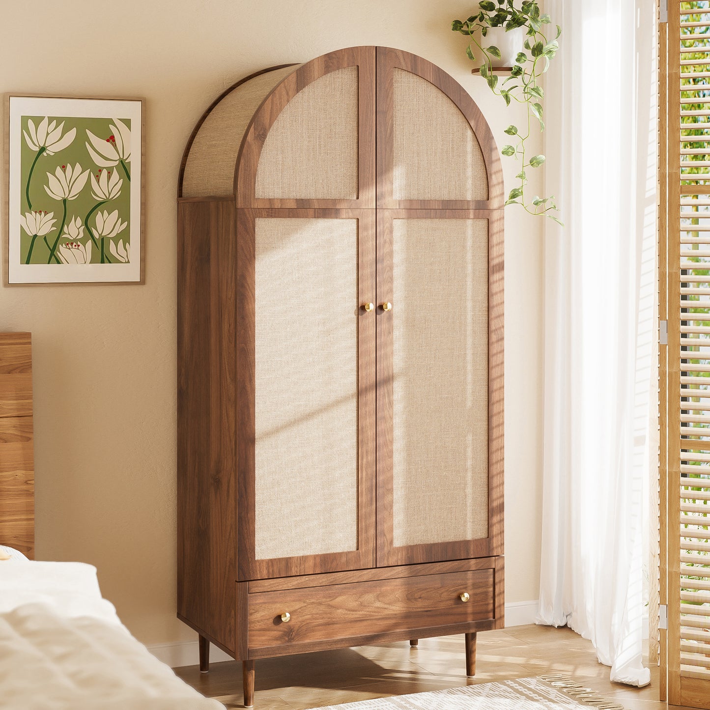 Gigab2b original image - Kleiderschrank mit Schubladen, Holztüren mit Leinenstoff-Bezug, großer Stauraum, Garderobenschrank für Schlafzimmer, moderne Aufbewahrungslösung
