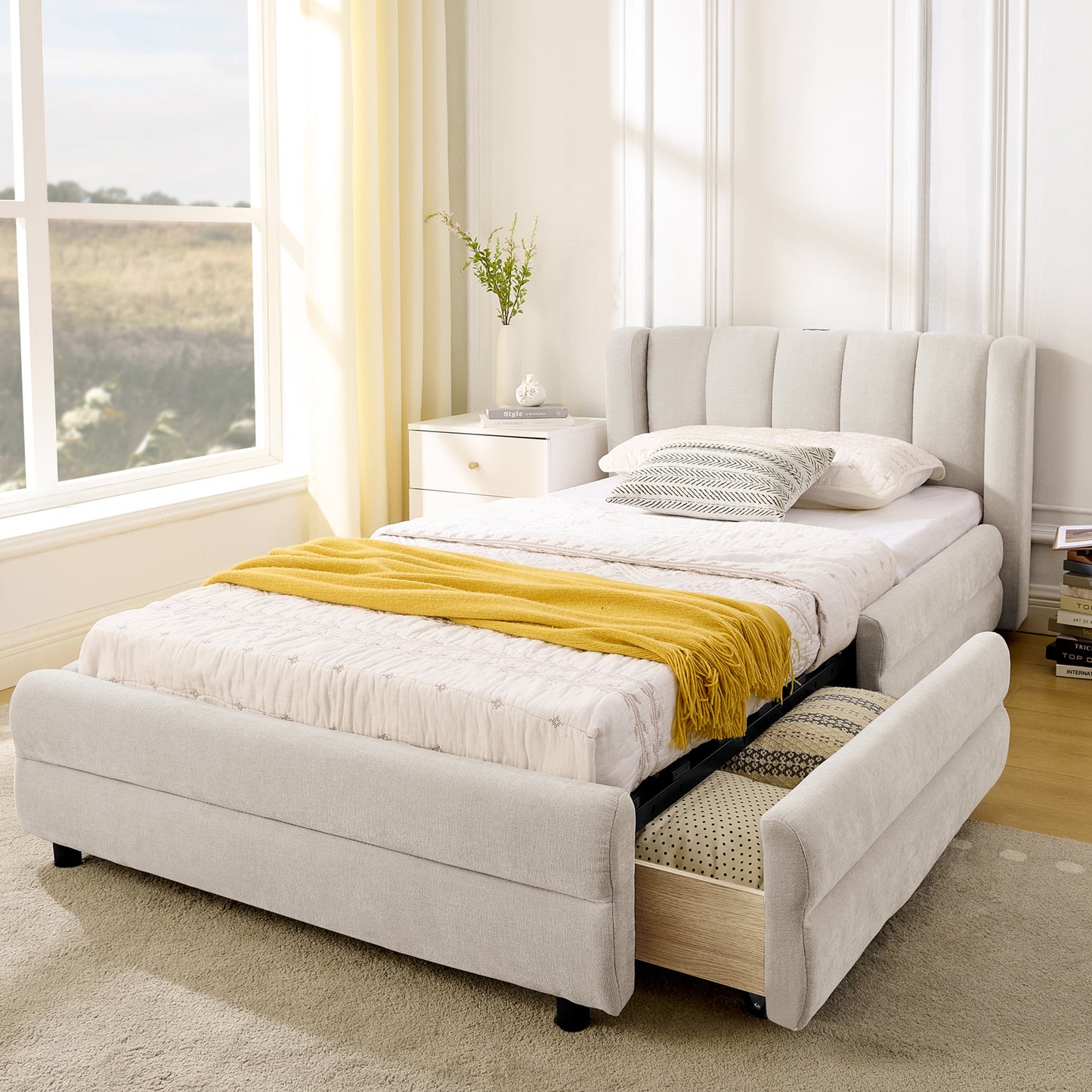 Gigab2b original image - Einzelbett 90x200 cm mit seitlichen Aufbewahrungsfächern, USB-Ladeport, weichem Chenille-Stoff, ergonomischem Design – für Kinderzimmer, Einzelzimmer, Gästezimmer, Mietwohnung, Beige (ohne Matratze)