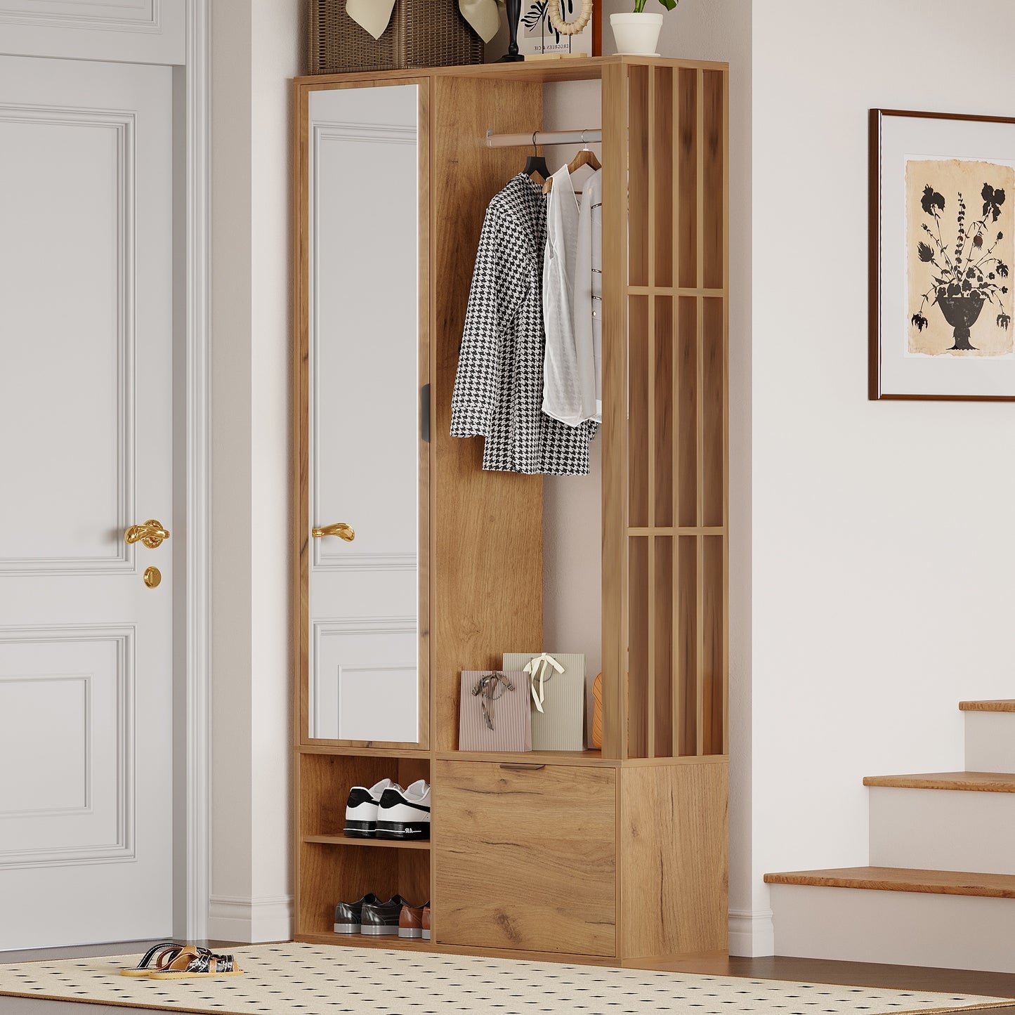 100*33*190cm garderobenschränke mit flur,6-in-1-Eingangsschrank, zum Aufhängen von Mänteln,Flurschrank mit Wäscheständer ,Garderobenschrank und Spiegel, Breite 100 cm,Schrank mit unterer Tür,Holzfarbe