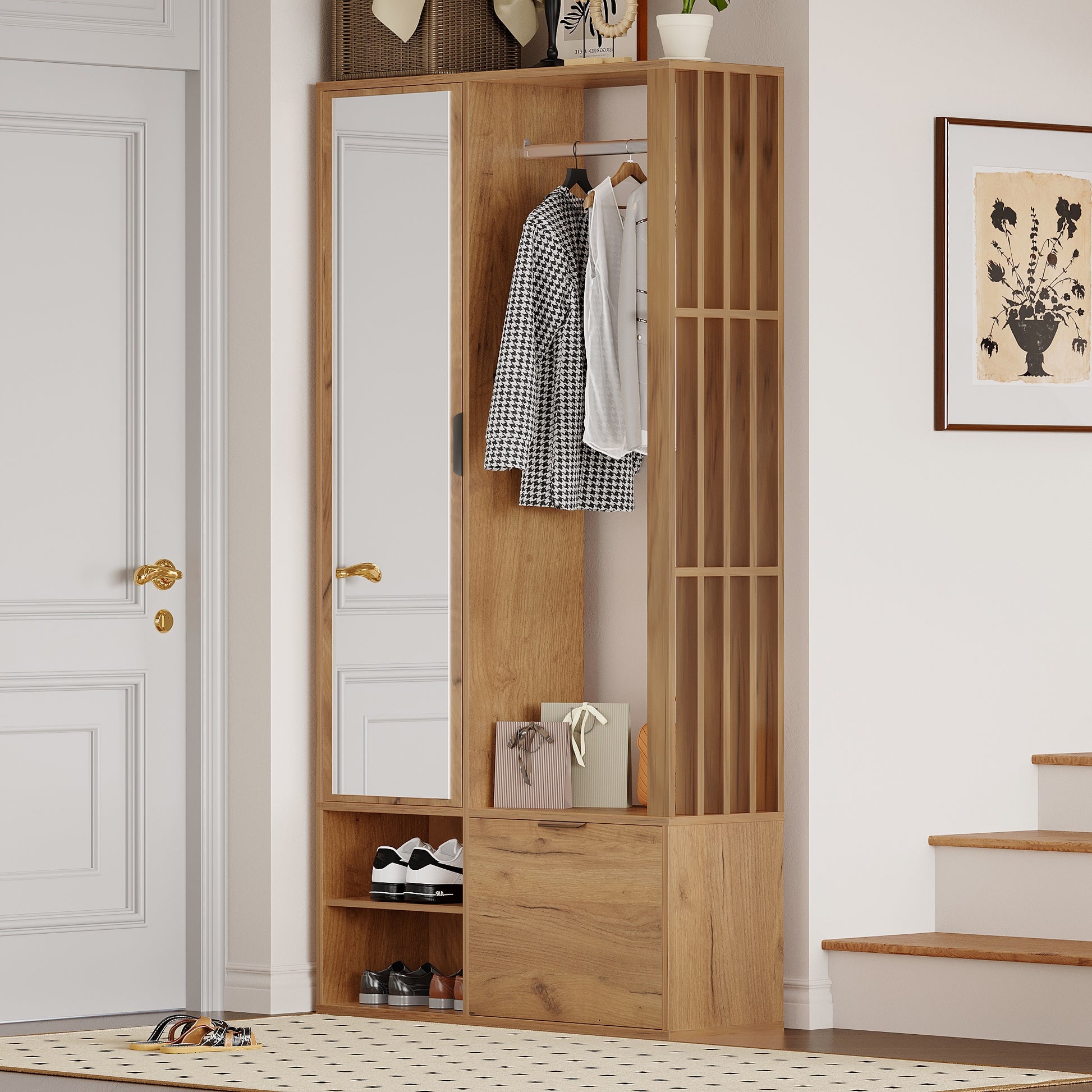 100*33*190cm garderobenschränke mit flur,6-in-1-Eingangsschrank, zum Aufhängen von Mänteln,Flurschrank mit Wäscheständer ,Garderobenschrank und Spiegel, Breite 100 cm,Schrank mit unterer Tür,Holzfarbe