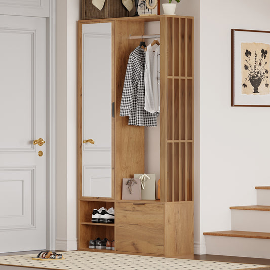 100*33*190cm garderobenschränke mit flur,6-in-1-Eingangsschrank, zum Aufhängen von Mänteln,Flurschrank mit Wäscheständer ,Garderobenschrank und Spiegel, Breite 100 cm,Schrank mit unterer Tür,Holzfarbe