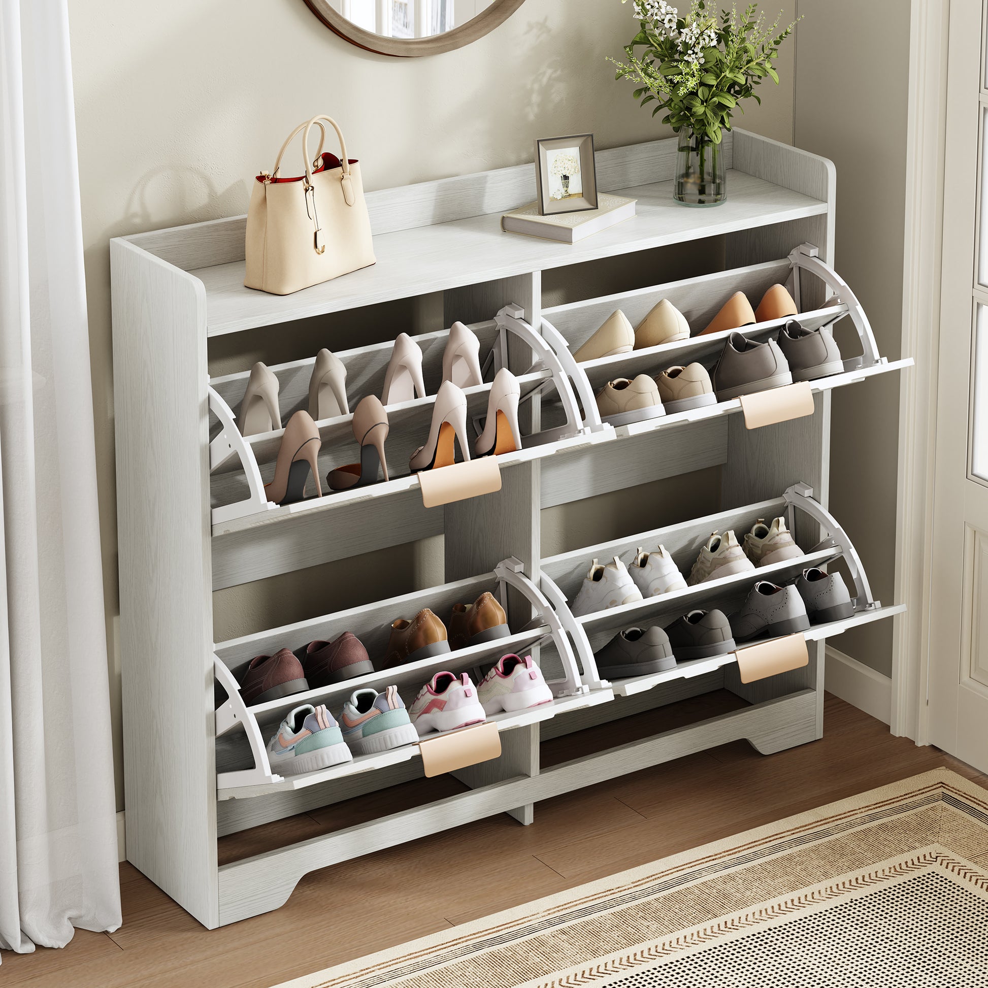 Gigab2b original image - Schuhschrank mit 4 Klappfächern, 3D-Strukturfront, Ablagefläche oben, geräumiger Schuhschrank, platzsparend, Möbel für Eingangsbereich