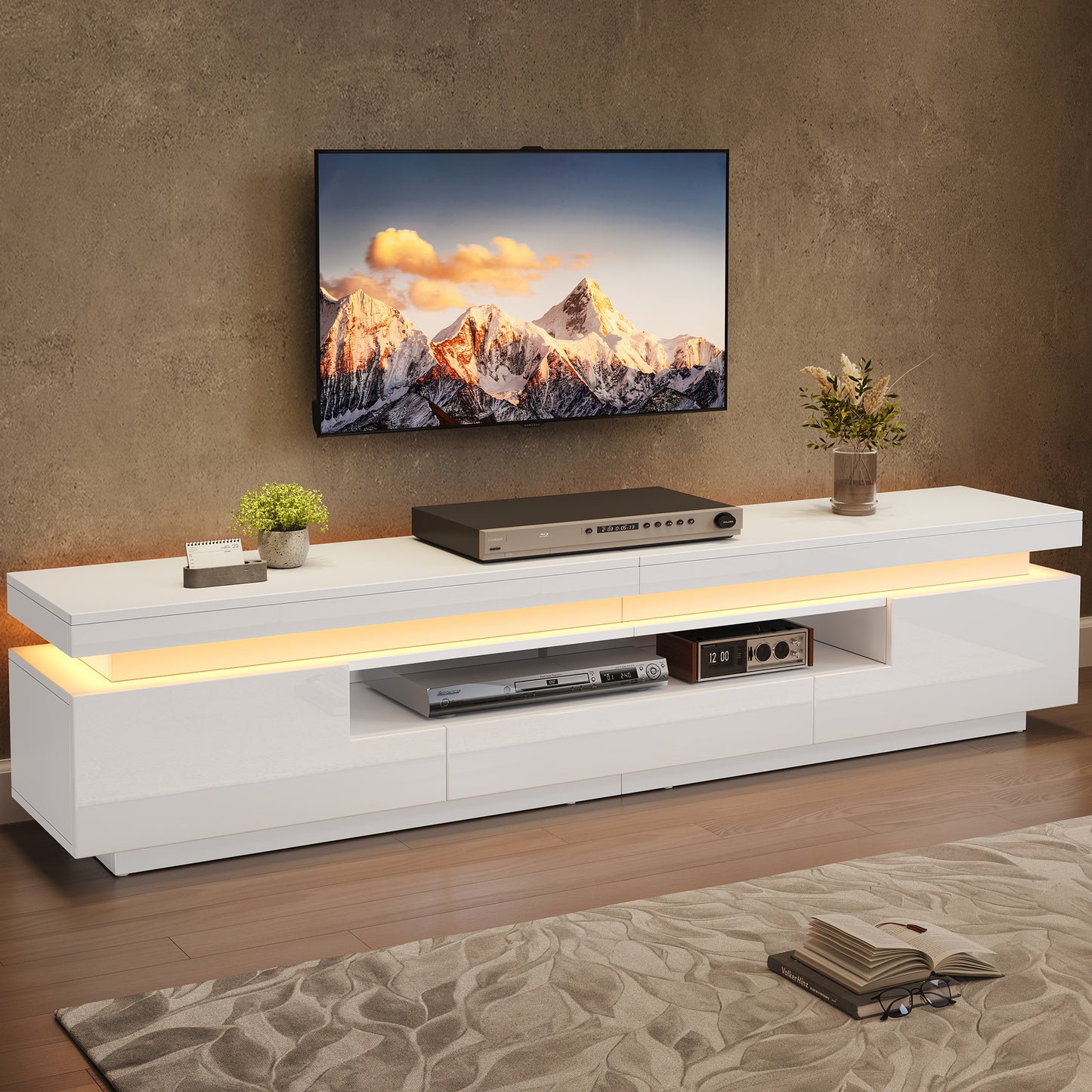 175*38*45cm Wohnzimmer TV-Ständer mit 2 L-förmigen Schränken und 1 Schublade,Hochglanz-Wohnzimmerschrank mit LED,Lowboard mit halboffenem Stauraum,Stand-TV-Schrank passend für Fernseher um die 75 Zoll