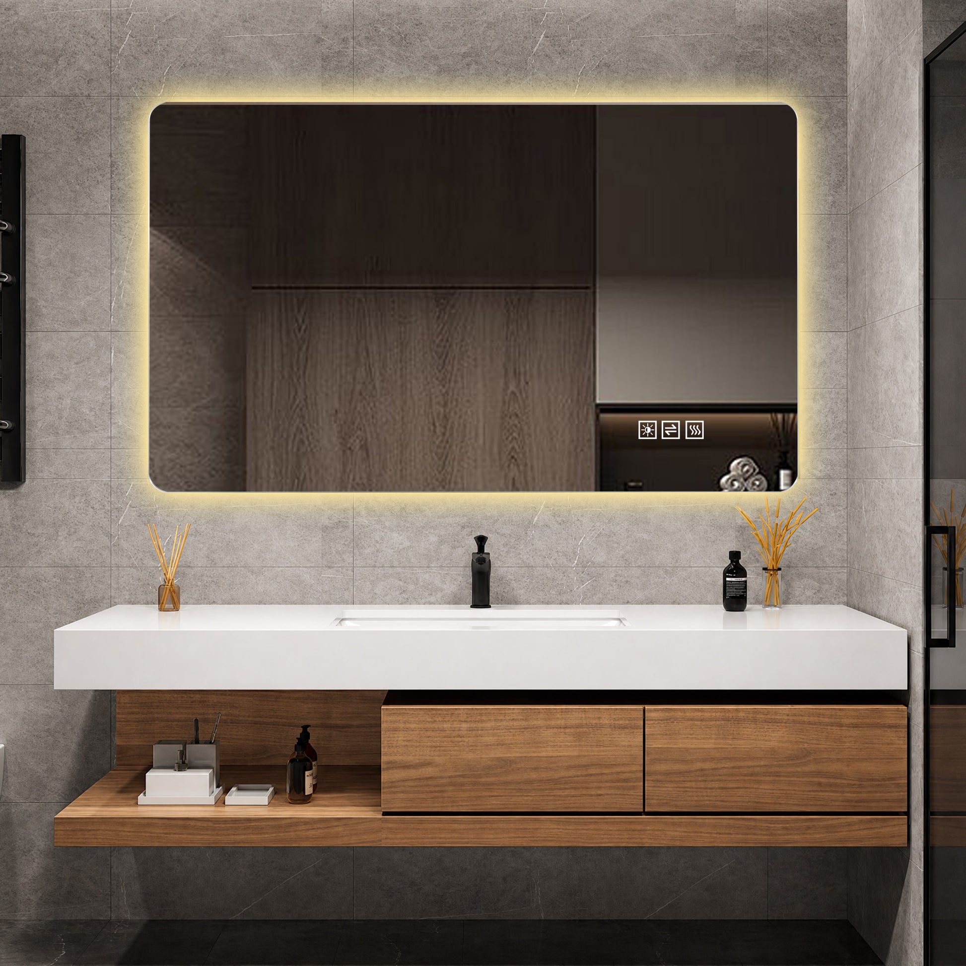 60 x 100cm LED Badezimmerspiegel mit Hintergrundbeleuchtung, Anti-Beschlag, 3 Lichtfarben, Stufenlos Dimmbar, Memory-Funktion, IP44 Wasserdicht, Horizontal & Vertikal Montierbar