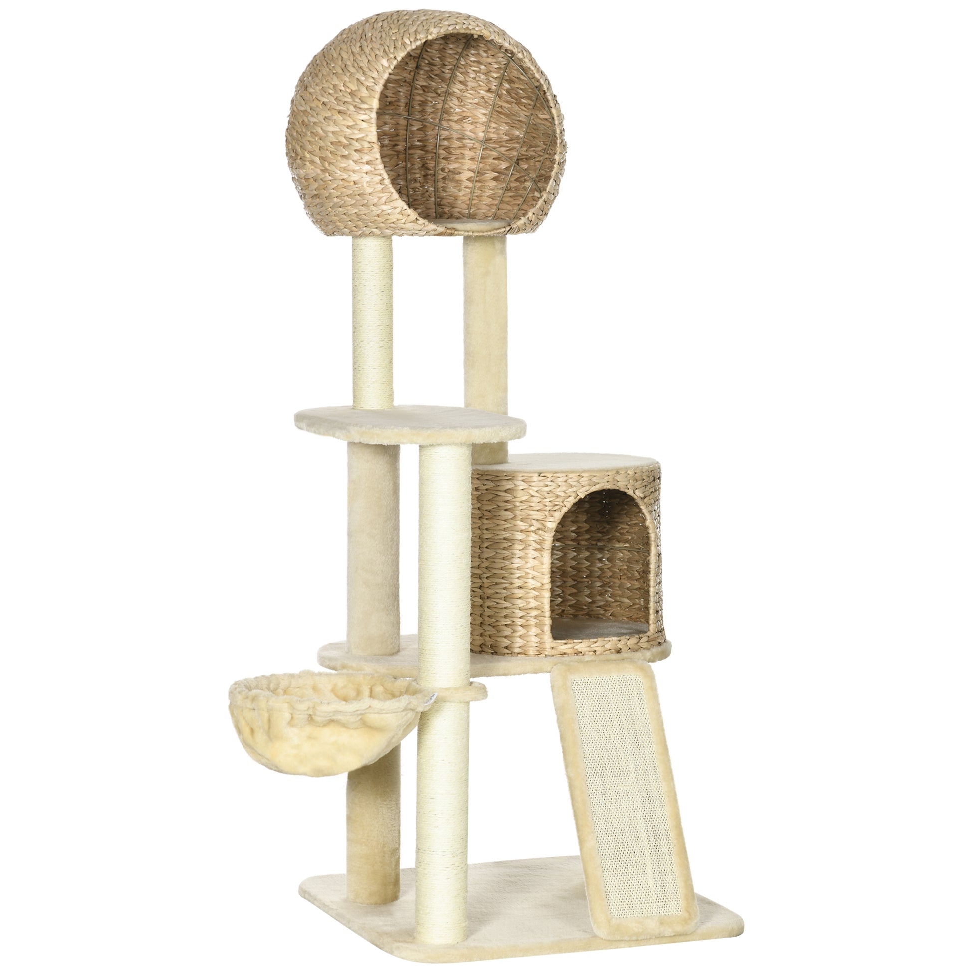 Gigab2b original image - Kratzbaum katze Mit Katzenhaus aus Rattan, mehrere Plattformen, Hängematte & Rampe, Kippschutz, Plüsch, Beige, 60 x 60 x 150 cm