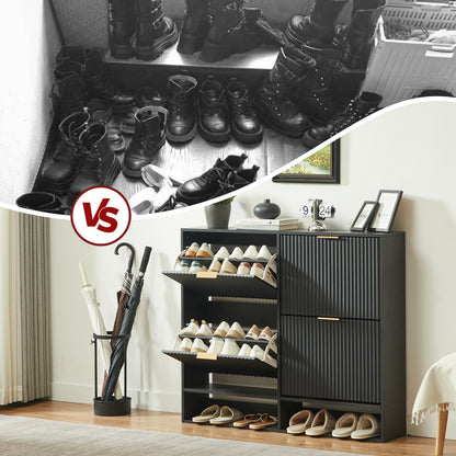 120 x 24 cm Schuhschrank mit Nutfront – Höhenverstellbar mit Kippschutz und Dekotisch für den Flur, in Schwarz