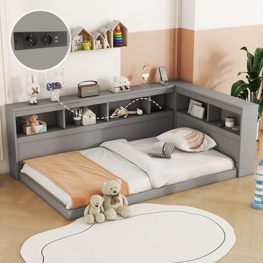 Daybett, 90 x 200 cm, Schlafsofa, Tagesbett, Mit Steckdose und 2 USB-Anschlüssen, Bett mit Lattenrost (ohne Matratze), Spanplatte, Grau