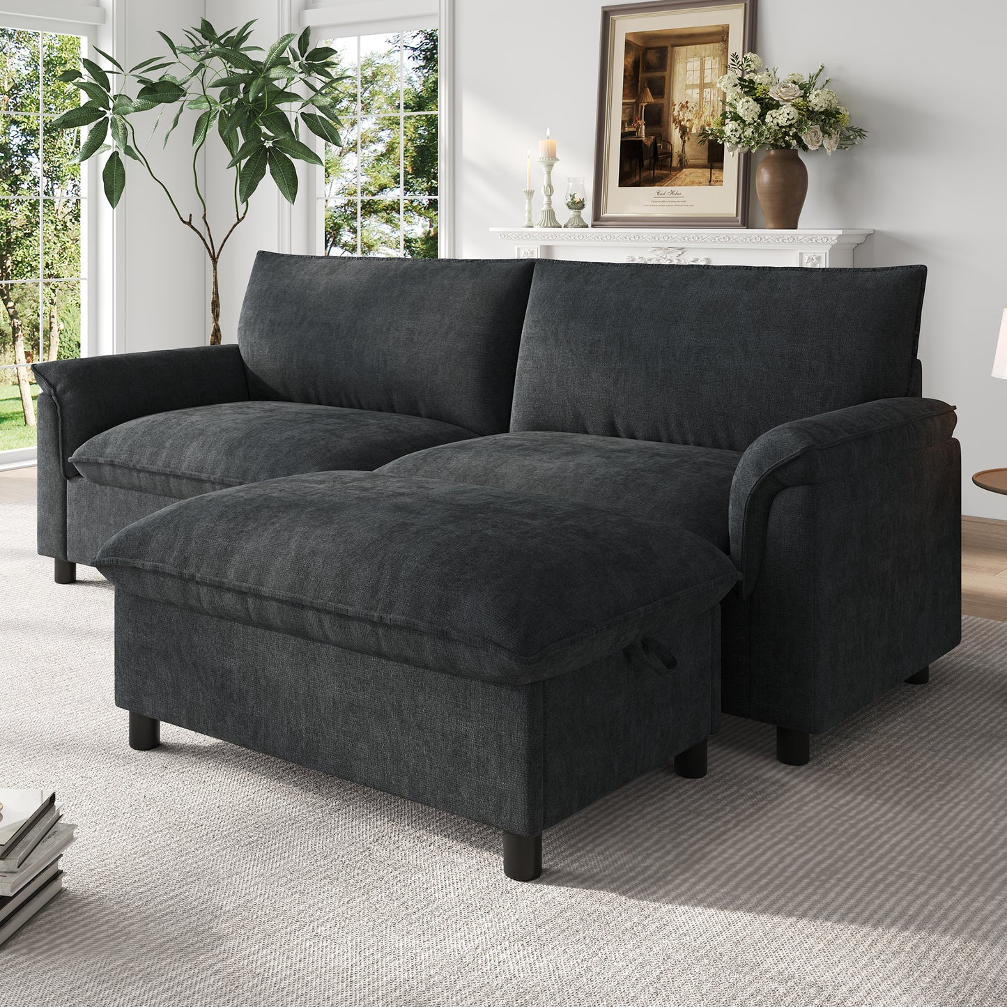 Modulares Cloud-Sectional-Sofa, komfortables Ecksofa für das Wohnzimmer, modernes Deep-Seat-Design, übergroßes Cloud-Sofa, mit 1 beweglichen Fußhocker, hohe Rückenlehne, Schwarz, B216 × H82 × T77 cm