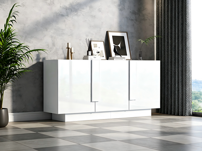 Wohnzimmer-Sideboard (35 x 160 x 60 cm), ein Wohnzimmerschrank mit 3 Türen, Hochglanz-Aufbewahrung, 6 Ablagefächern und viel Stauraum.Breiter Schrank, weiß, Spanplatte, leicht zu reinigen,kommode