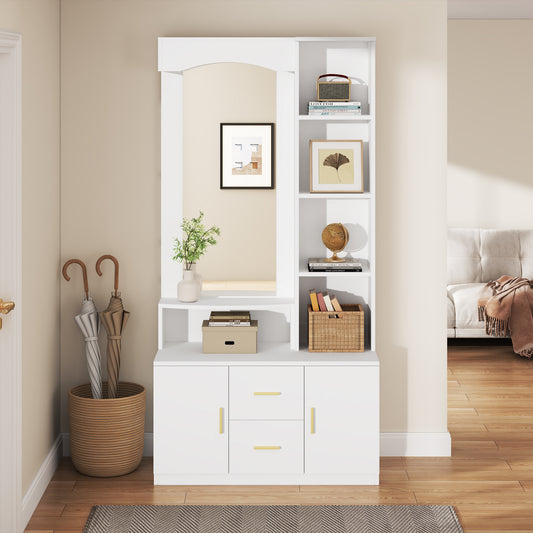 90*40*180cm Multifunktionales Diele Flur mit Stauraum,Schränke mit Schuhschrank und Spiegel,Cabinet mit 2 Schublade und 2 Schränke, Kommoden mit Regal,Weiß