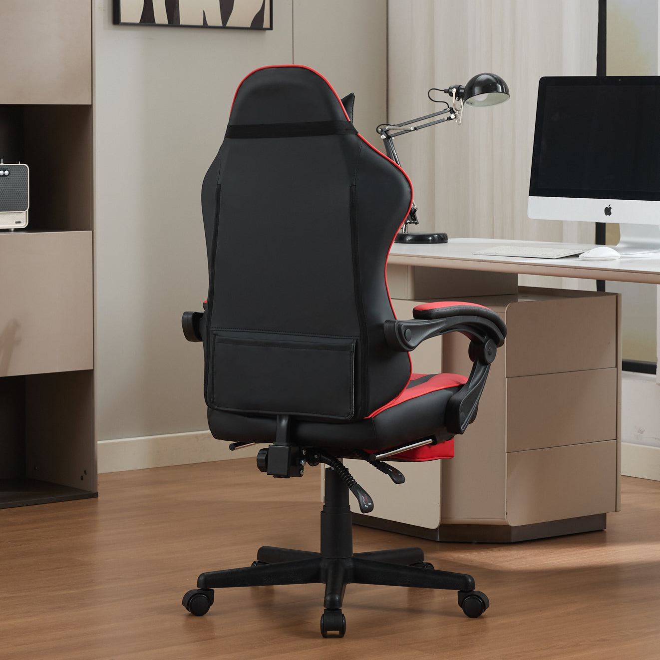 Ergonomic Gaming Chair in Black and Red with Footrest