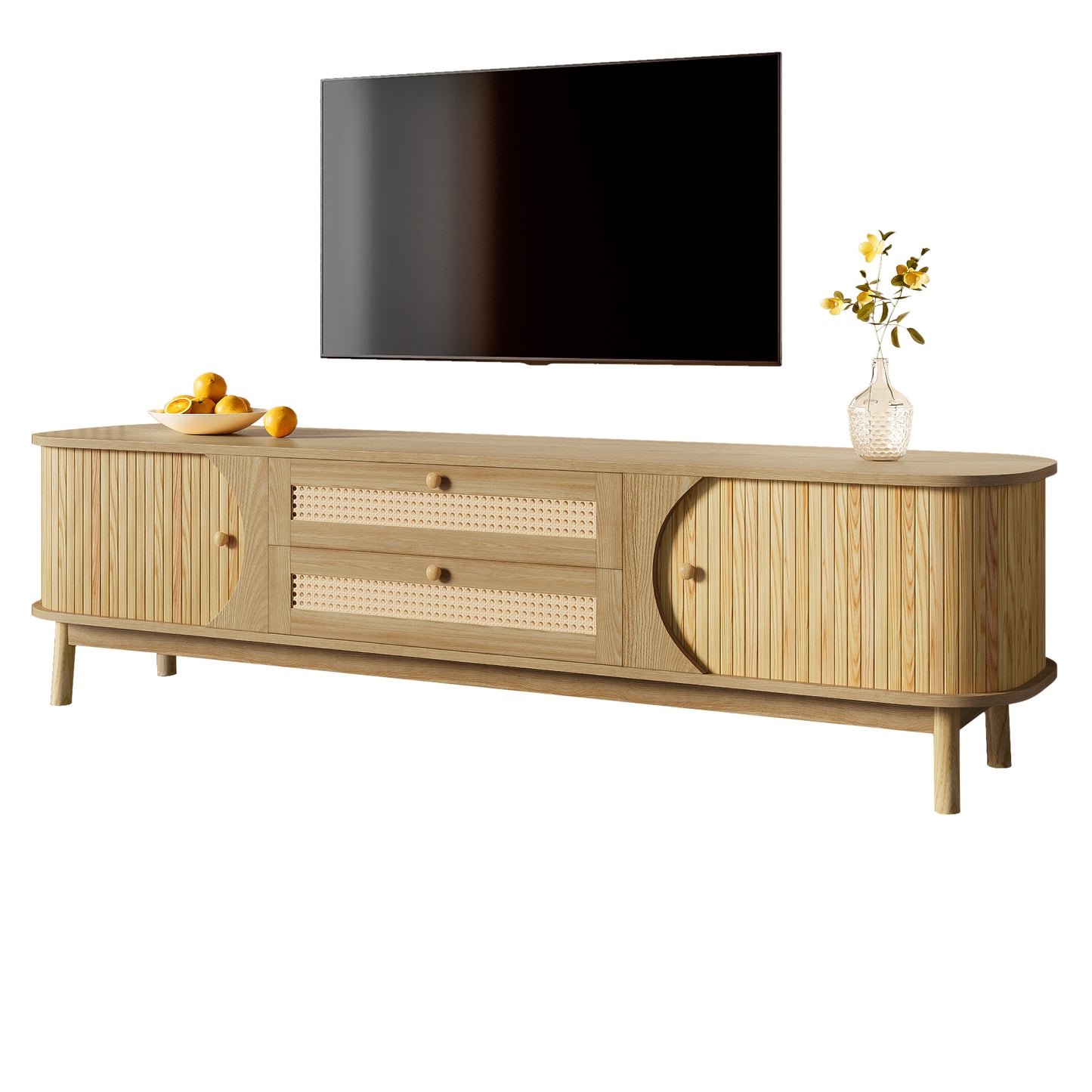 Gigab2b original image - TV-Schrank – Natürlicher Holz-Blend TV-Schrank mit Türen und Schubladen. TV-Ständer mit Rattanseiten. Aufbewahrungslösung, Natürlicher Landhausstil
