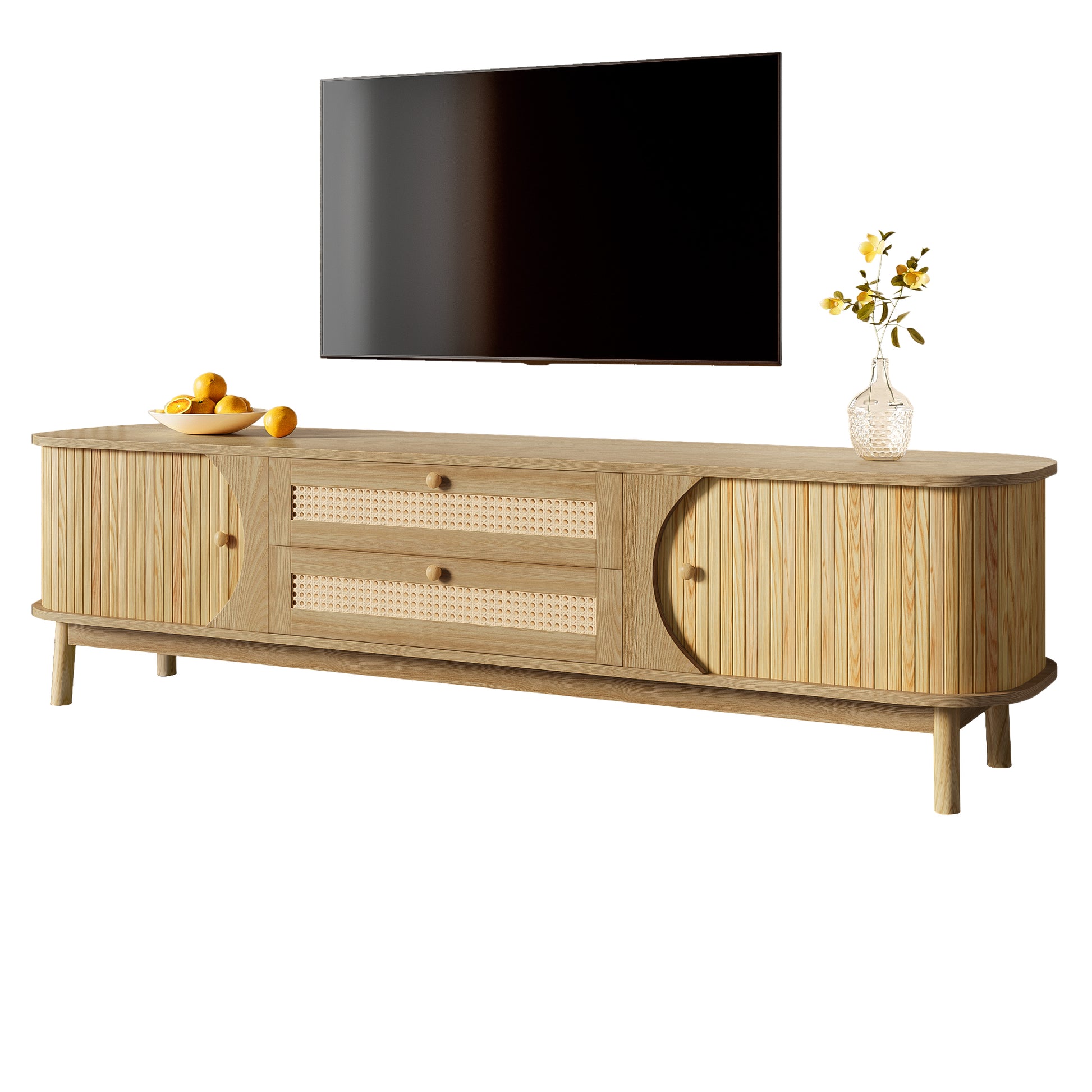Gigab2b original image - TV-Schrank – Natürlicher Holz-Blend TV-Schrank mit Türen und Schubladen. TV-Ständer mit Rattanseiten. Aufbewahrungslösung, Natürlicher Landhausstil