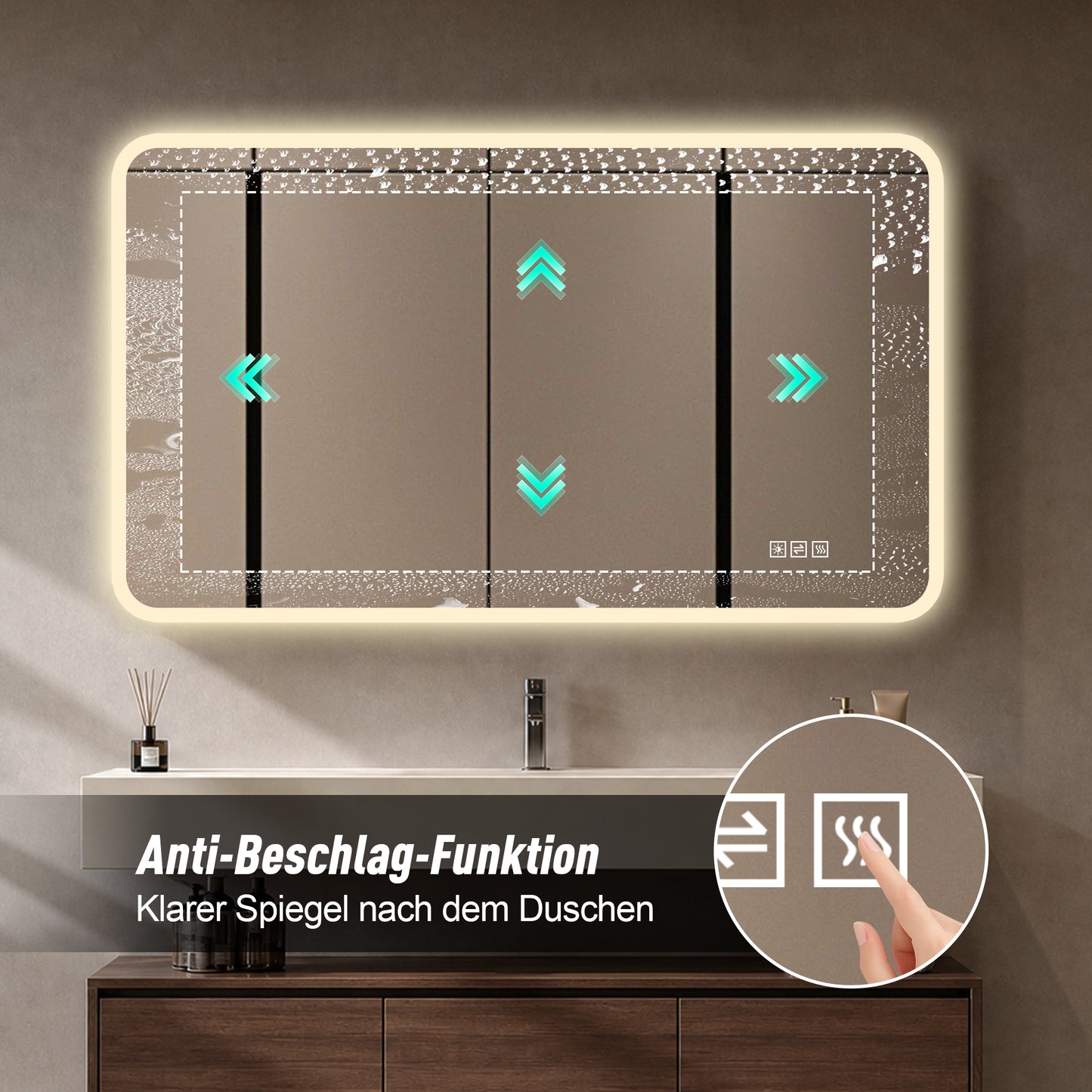 60×120cm LED Badezimmerspiegel mit Milchglasrand, Frontbeleuchtung, Anti-Beschlag, 3 Lichtfarben, Stufenlos Dimmbar, Memory-Funktion, Horizontal & Vertikal Montierbar, IP44 Wasserdicht