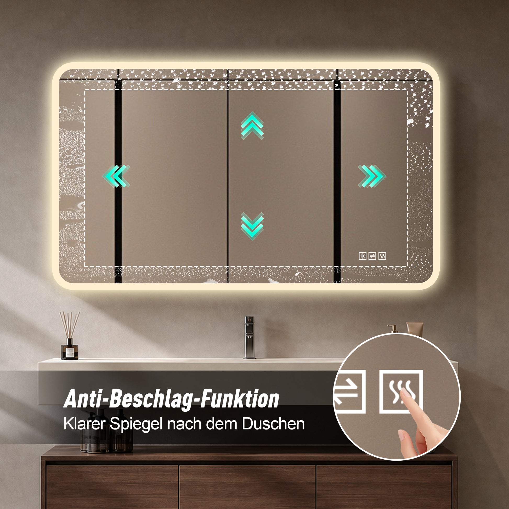 60×120cm LED Badezimmerspiegel mit Milchglasrand, Frontbeleuchtung, Anti-Beschlag, 3 Lichtfarben, Stufenlos Dimmbar, Memory-Funktion, Horizontal & Vertikal Montierbar, IP44 Wasserdicht