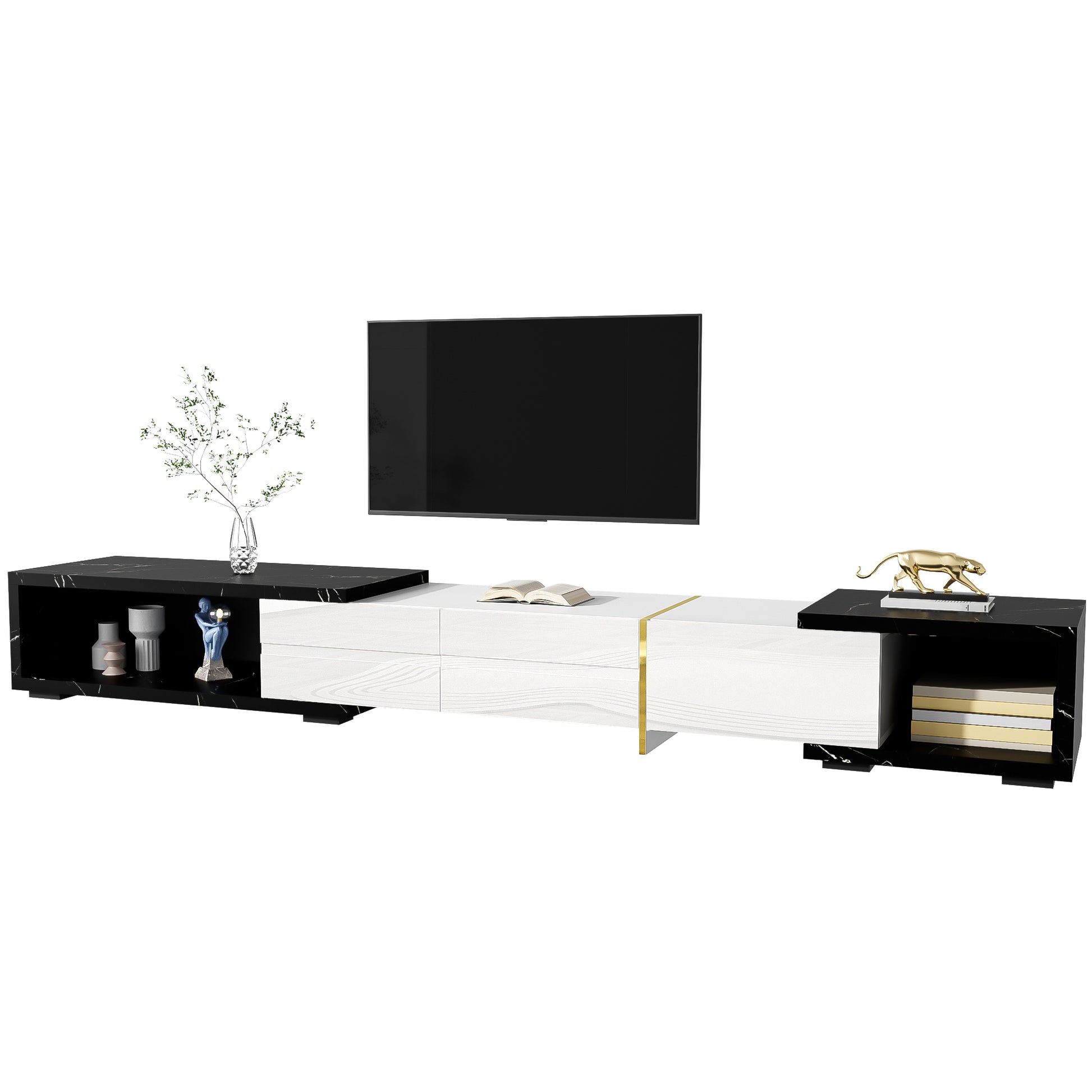 Gigab2b original image - Moderner TV-Schrank mit variabler Länge (140-260 cm), drehbarer Funktion, schwarzer Marmoroptik, weißem Hochglanz-Matt-Finish und goldenen Verzierungen

Beschreibung
Dieser TV-Schrank kombiniert moder