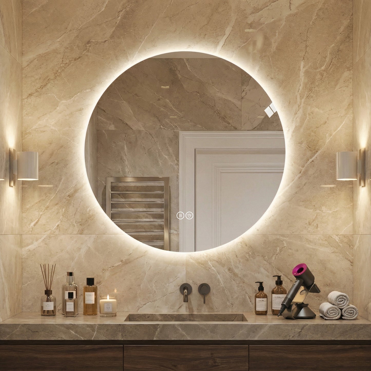 Runder LED Badezimmerspiegel 80 cm, Hinterleuchtet, Anti-Beschlag, 3 Lichtfarben, Stufenlos Dimmbar, Memoryfunktion, Touchschalter, 5 mm Kupferfreier HD-Silberspiegel