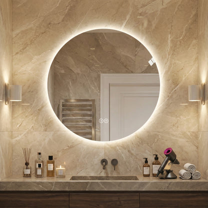 Runder LED Badezimmerspiegel 80 cm, Hinterleuchtet, Anti-Beschlag, 3 Lichtfarben, Stufenlos Dimmbar, Memoryfunktion, Touchschalter, 5 mm Kupferfreier HD-Silberspiegel