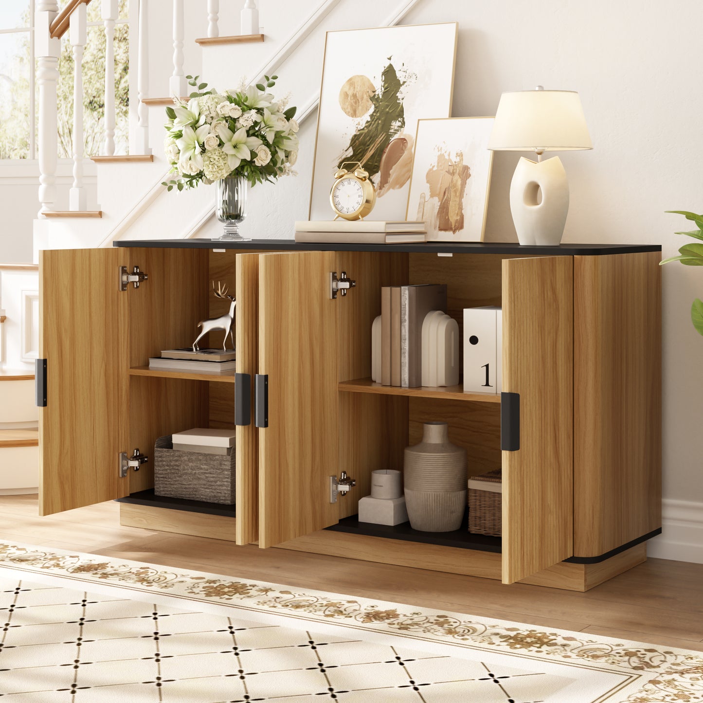 Sideboard 4-türig, vertikale Riffelung, Holzoptik, Schrank für Wohnzimmer, Flur, Esszimmer, Stauraum