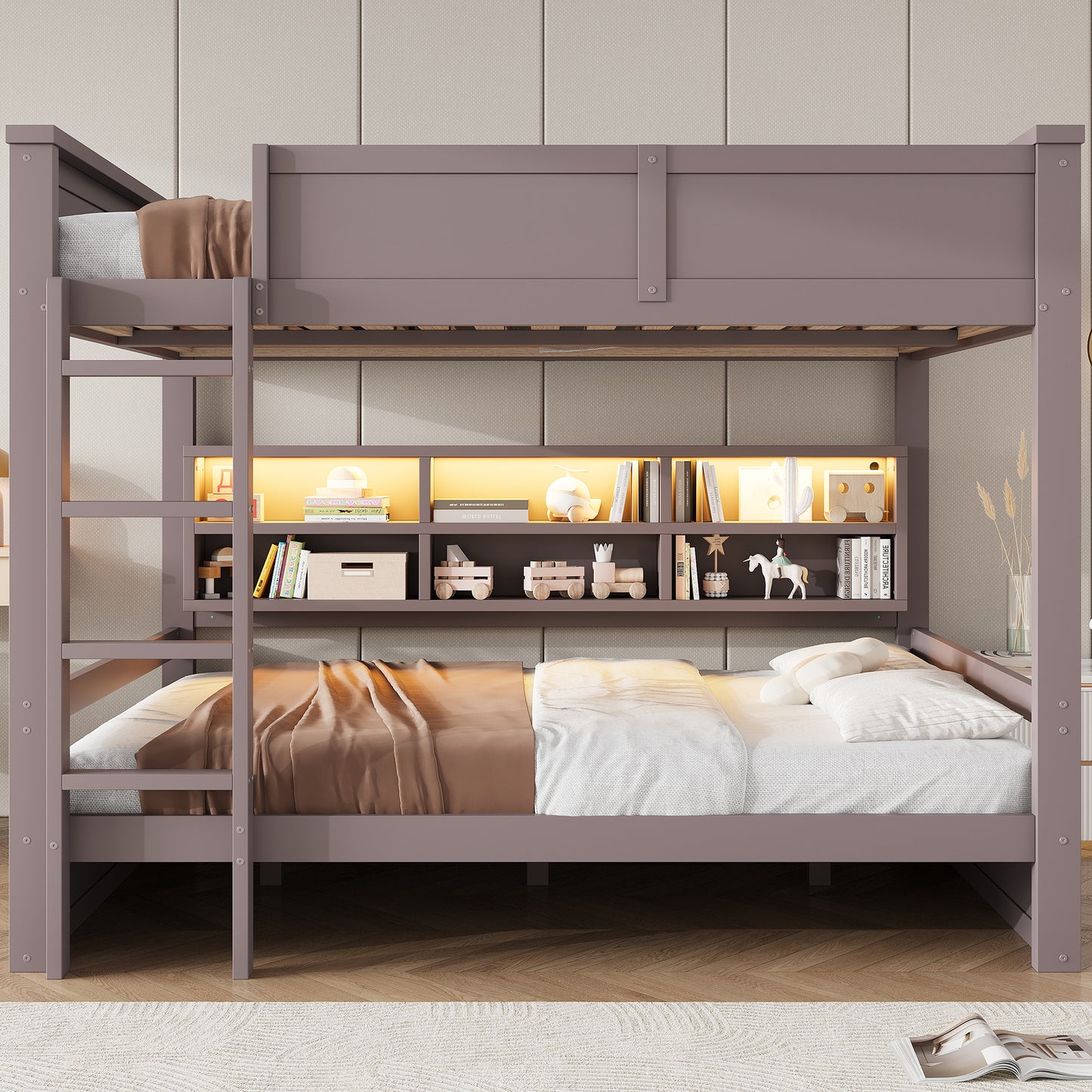 160x200 Etagenbett mit Stauraumschränken und LED-Licht, Braun