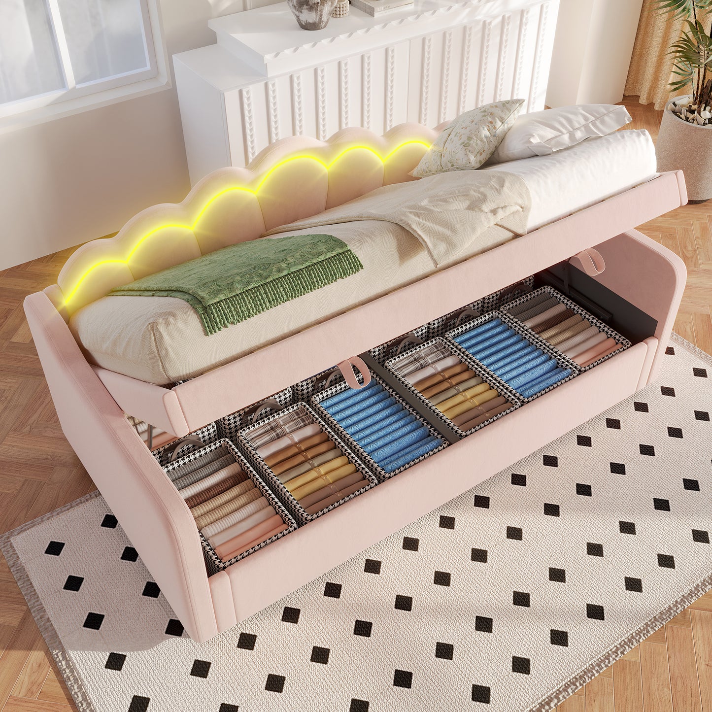 Gigab2b original image - Tagesbett, Schlafsofa, Hydraulisch Bett, Mit Stauraum, Einzelbett (Ohne Matratze), Samt, Farbwechselbarer LED-Streifen, 90x200cm, Rosa