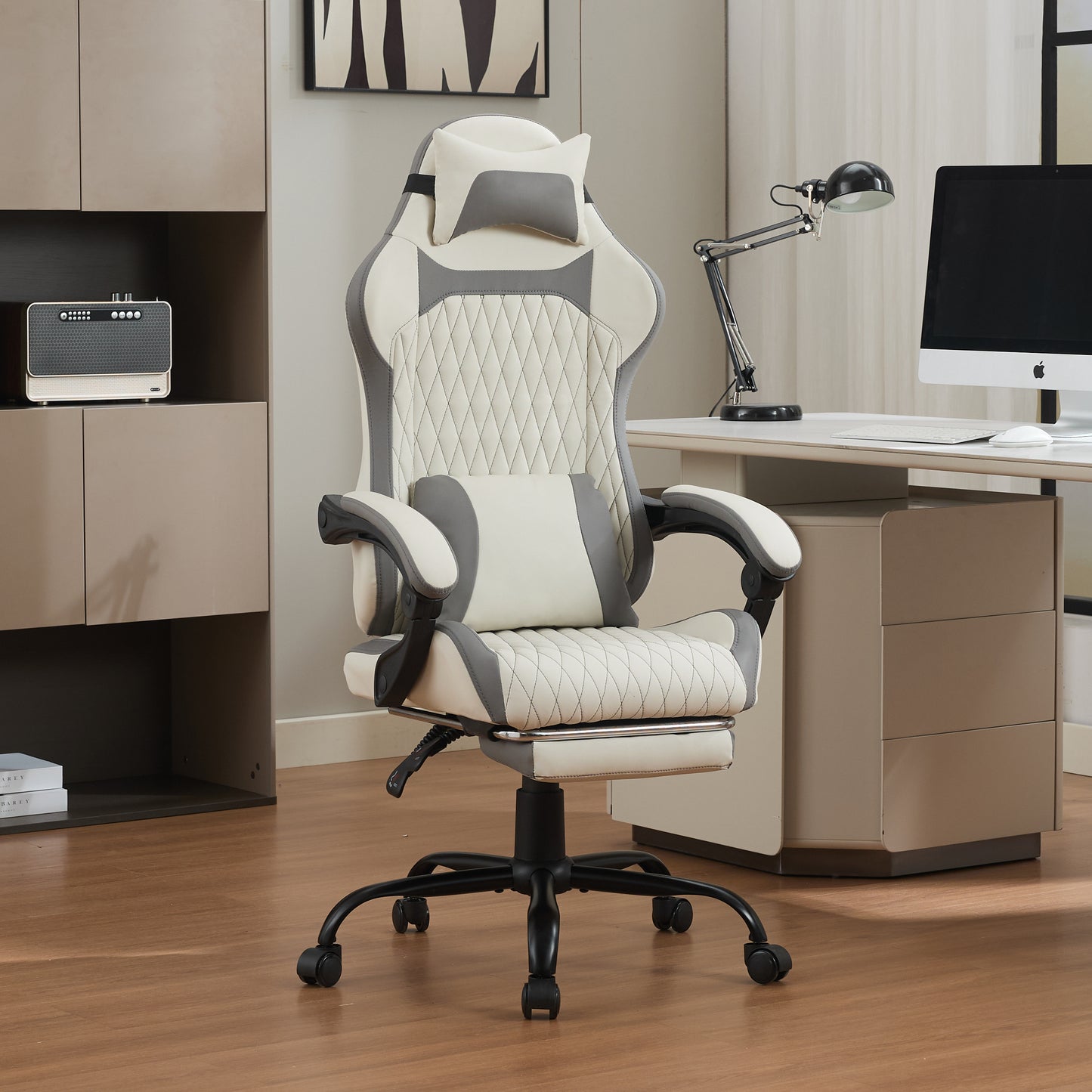 Gigab2b original image - Ergonomischer Gaming-Stuhl mit Lordosenstütze, Nackenstütze & Fußstütze – Ermüdungsfrei auch bei langem Sitzen, ideal für Home, Büro & Livestream