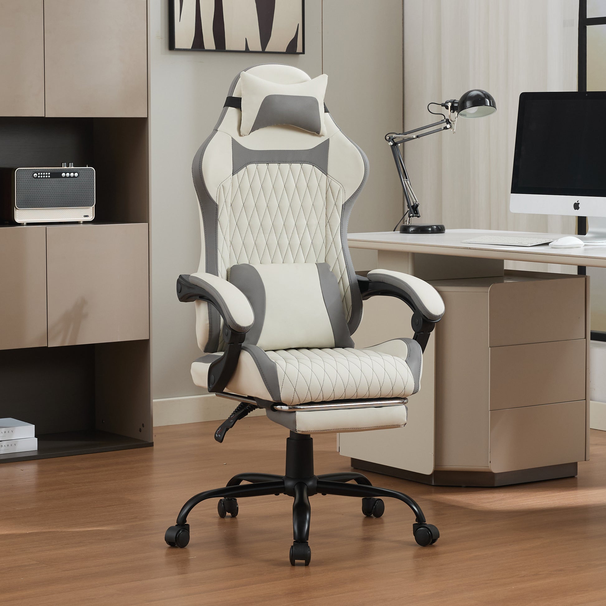 Gigab2b original image - Ergonomischer Gaming-Stuhl mit Lordosenstütze, Nackenstütze & Fußstütze – Ermüdungsfrei auch bei langem Sitzen, ideal für Home, Büro & Livestream