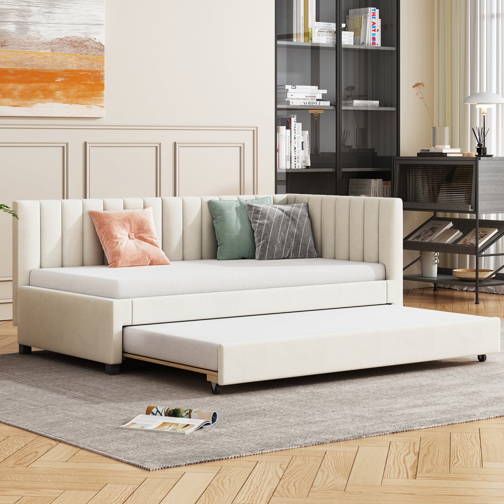 Gigab2b original image - Polsterbett 90*200, Ausziehbares Schlafsofa, Multifunktionsbett mit Lattenrost, Jugendbetten Kinderbetten Gästebetten, Samtstoff Beige