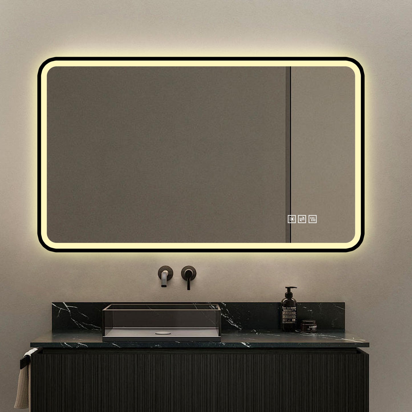 70×90cm LED Badezimmerspiegel mit schwarzem Aluminiumrahmen, Front- & Hintergrundbeleuchtung, Anti-Beschlag, 3 Lichtfarben, dimmbar, Memory-Funktion, horizontal & vertikal montierbar, IP44 wasserdich