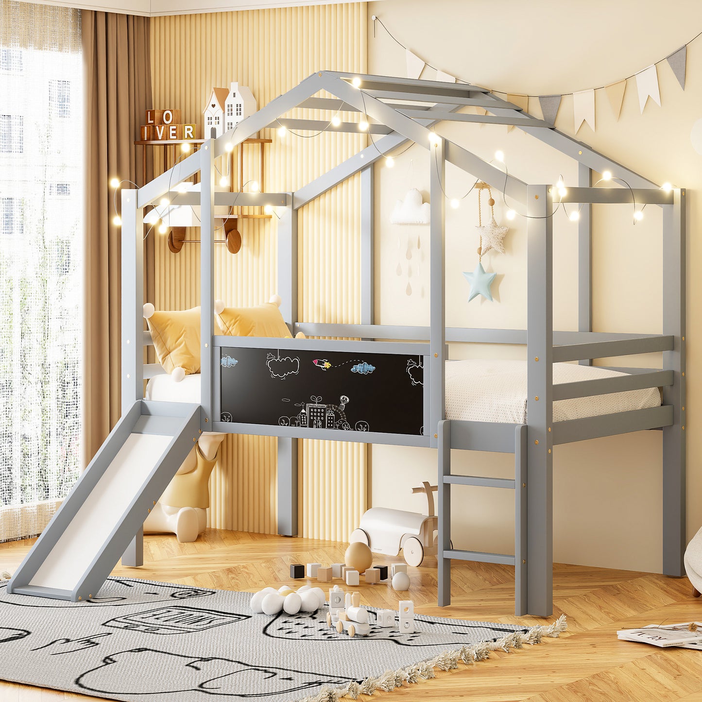 Gigab2b original image - Kinderbett 90 x 200 cm Dachboden-Design mit Sicherheitsleiter und Sicherheitsrutsche,mit Graffiti-Tafel, Multifunktionsbett Massivholzbett Einzelbett Hochbett Grau
