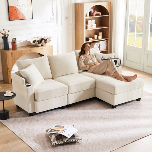 Gigab2b original image - L-förmiges Ecksofa, umwandelbares 3-Sitzer-Sofa mit Fußhocker, Getränkehalter, USB-Ladegerät, Armlehnenablage und 2 Kissen, geeignet für Wohnzimmer/Büro/Wohnung, Beige