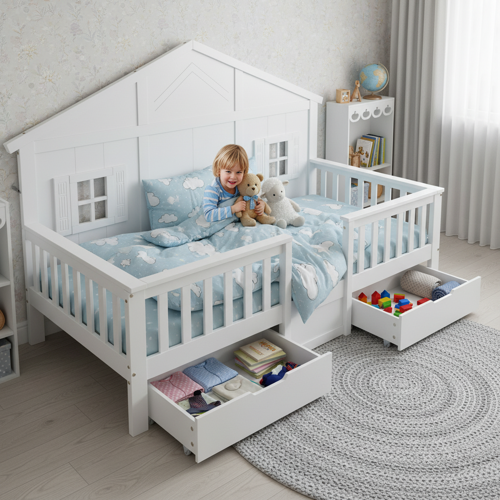 Gigab2b original image - Holzbett, Einzelbett, Kinderbett, Zwei große Schubladen mit Rollen, Mit Schöne Fenster und Dach, Stabiler Lattenrost, Kiefer + MDF+Sperrholz, Weiß, 90x200cm