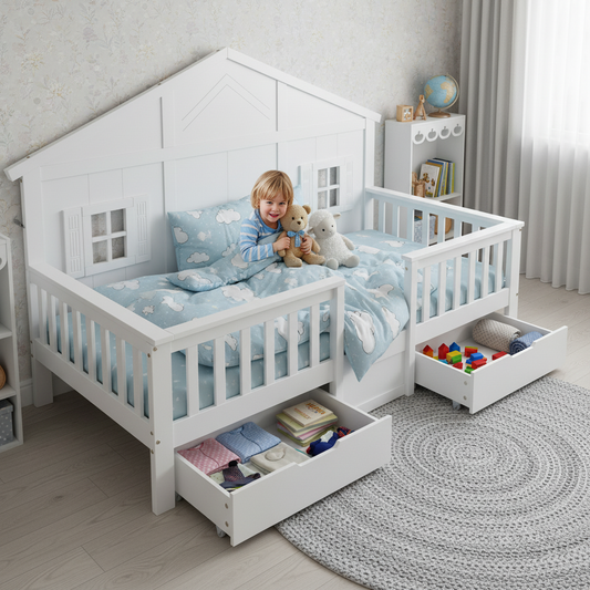 Gigab2b original image - Holzbett, Einzelbett, Kinderbett, Zwei große Schubladen mit Rollen, Mit Schöne Fenster und Dach, Stabiler Lattenrost, Kiefer + MDF+Sperrholz, Weiß, 90x200cm