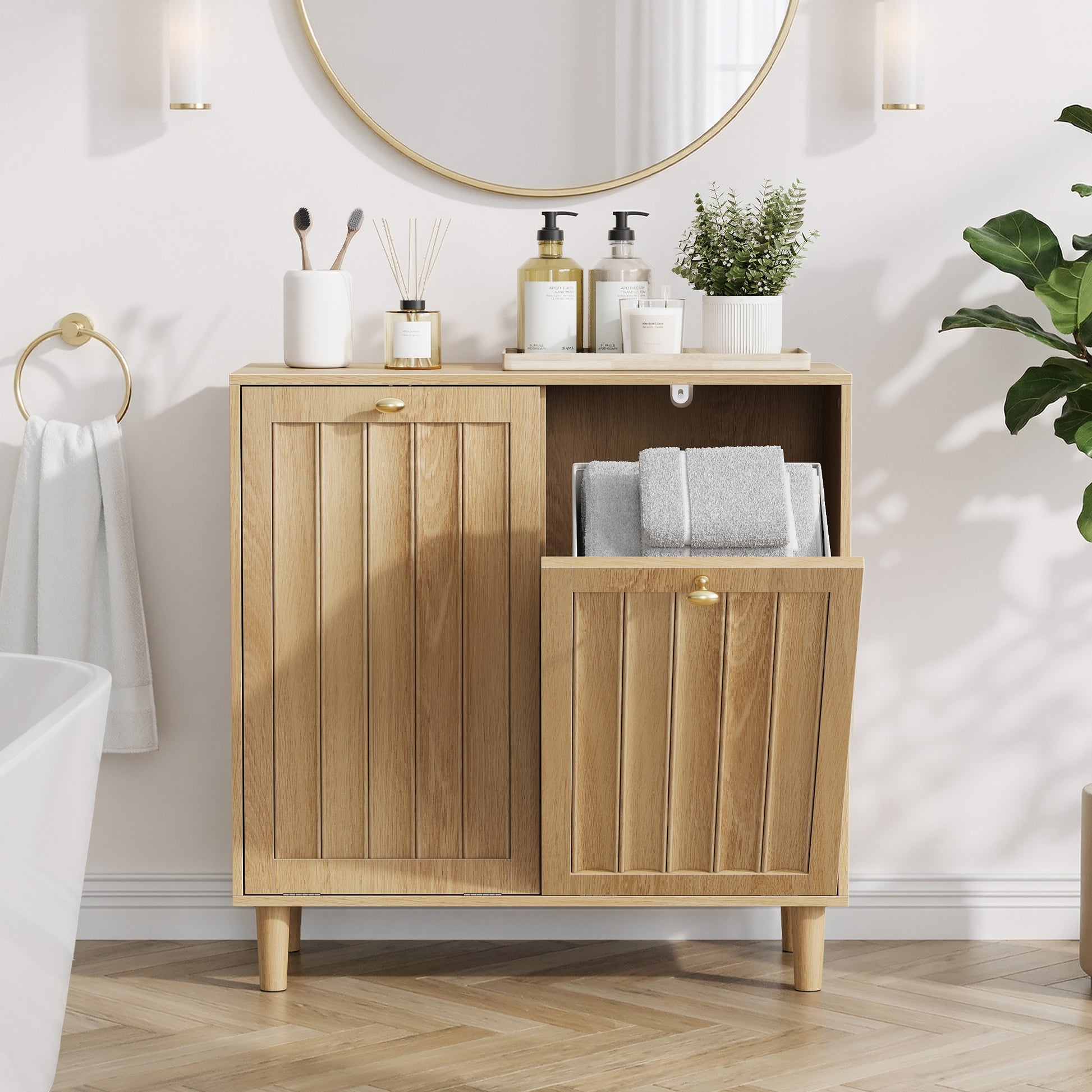 Gigab2b original image - Schräger Wäschekorb mit herausnehmbarem Innenkorb, Badezimmer-Wäscheschrank, verdeckter Wäschekorb, freistehendes Haushaltsregal, Eichenholzfarben