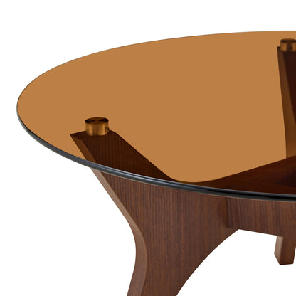Runder Couchtisch mit Bernstein-Glasplatte, Moderner Wohnzimmertisch mit braunem Holzrahmen, Stabiler Kaffeetisch 80cm, Hitze- & Kratzfest, für Wohnzimmer, Büro & Lounge