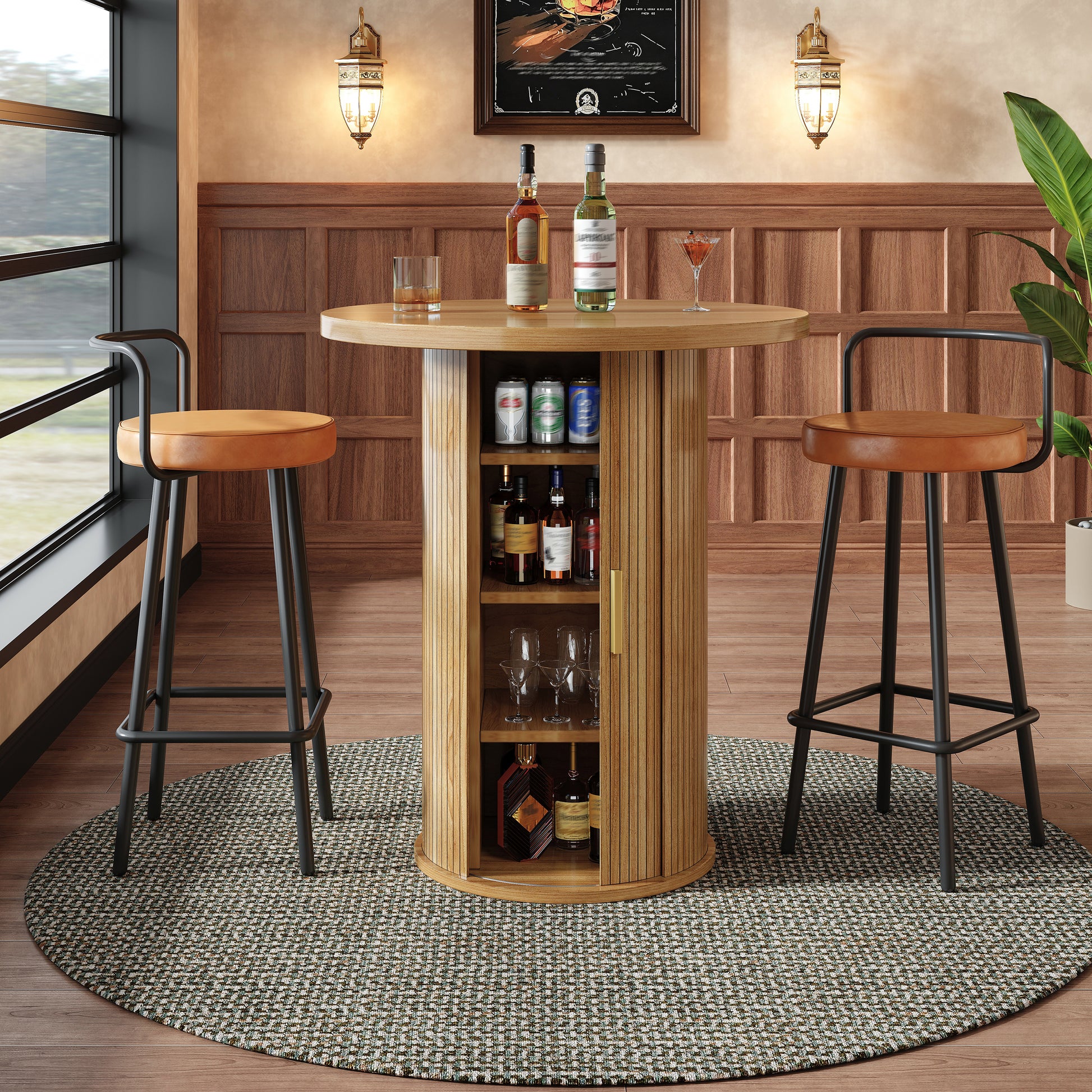 Gigab2b original image - Runder Bartisch mit Stauraum, 91,6cm hoher Stehtisch mit Schrank, MDF Holzoptik, Belastbar bis 75kg, für Bar & Wohnzimmer