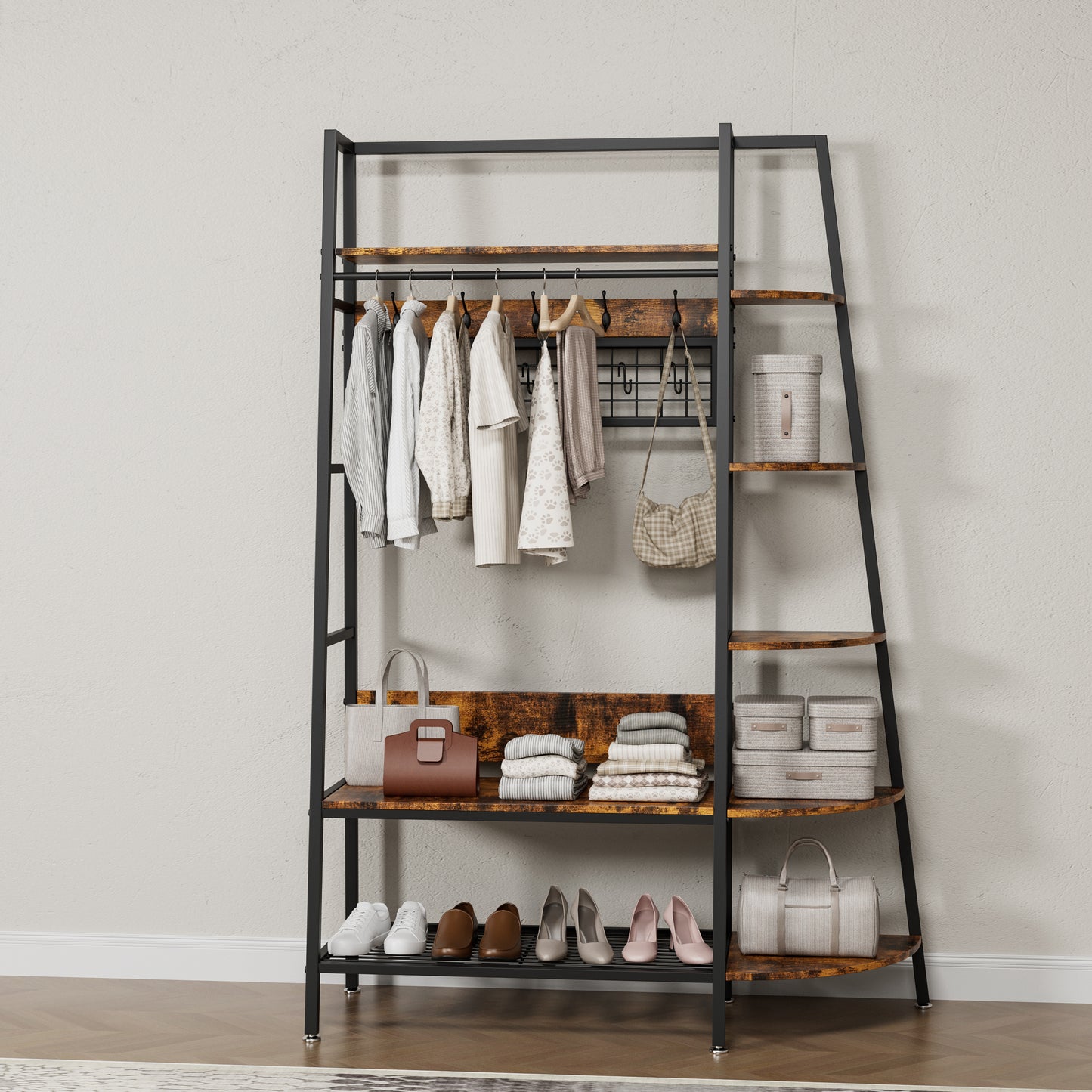 Gigab2b original image - Industrial Style Freestanding Open Coat Rack with Shelves - Retro Brown Hanging Rack for Bedroom, Living Room & Home Office - Multi-Functional Clothes & Shoe Storage Organizer