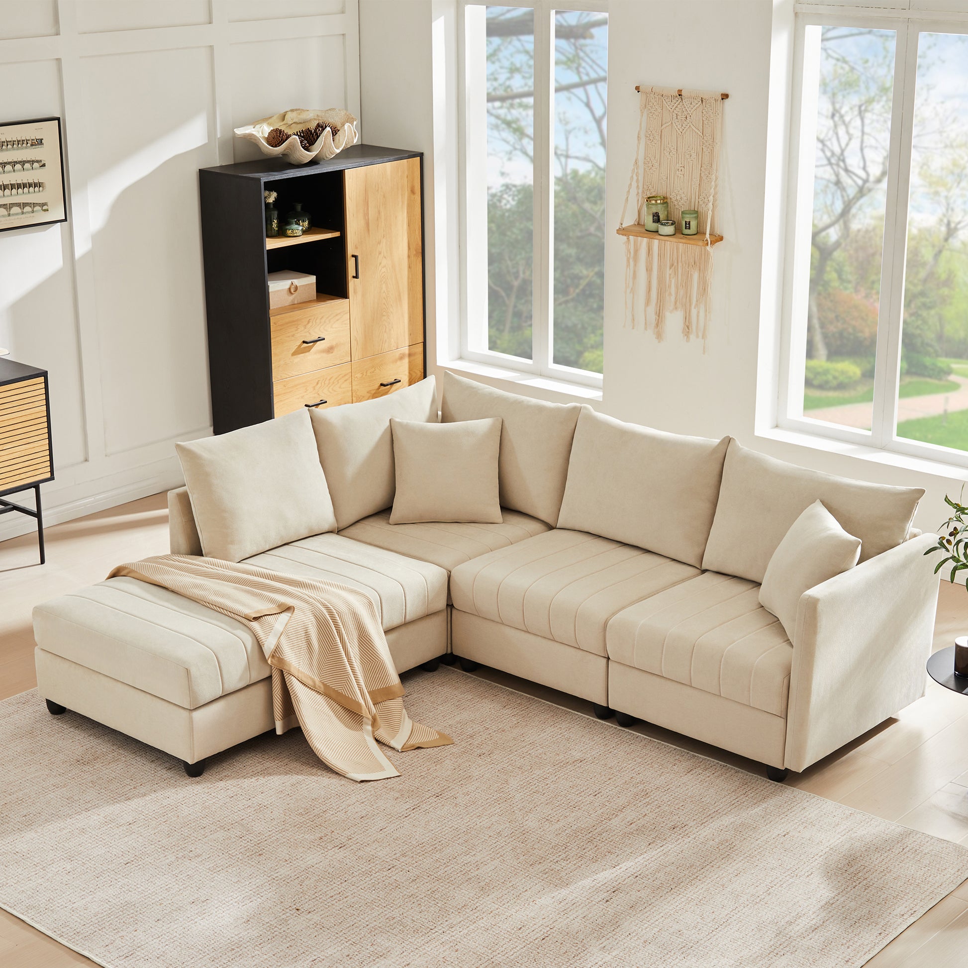 Gigab2b original image - Modernes Ecksofa, Modulares Sofa, 5-Sitzer-Sofa, mit umwandelbarem Fußhocker, L-förmiges Sofa, U-förmiges Sofa, geeignet für Wohnzimmer, Wohnung usw. [Old SKU: N653P2501G, N653P9510A]