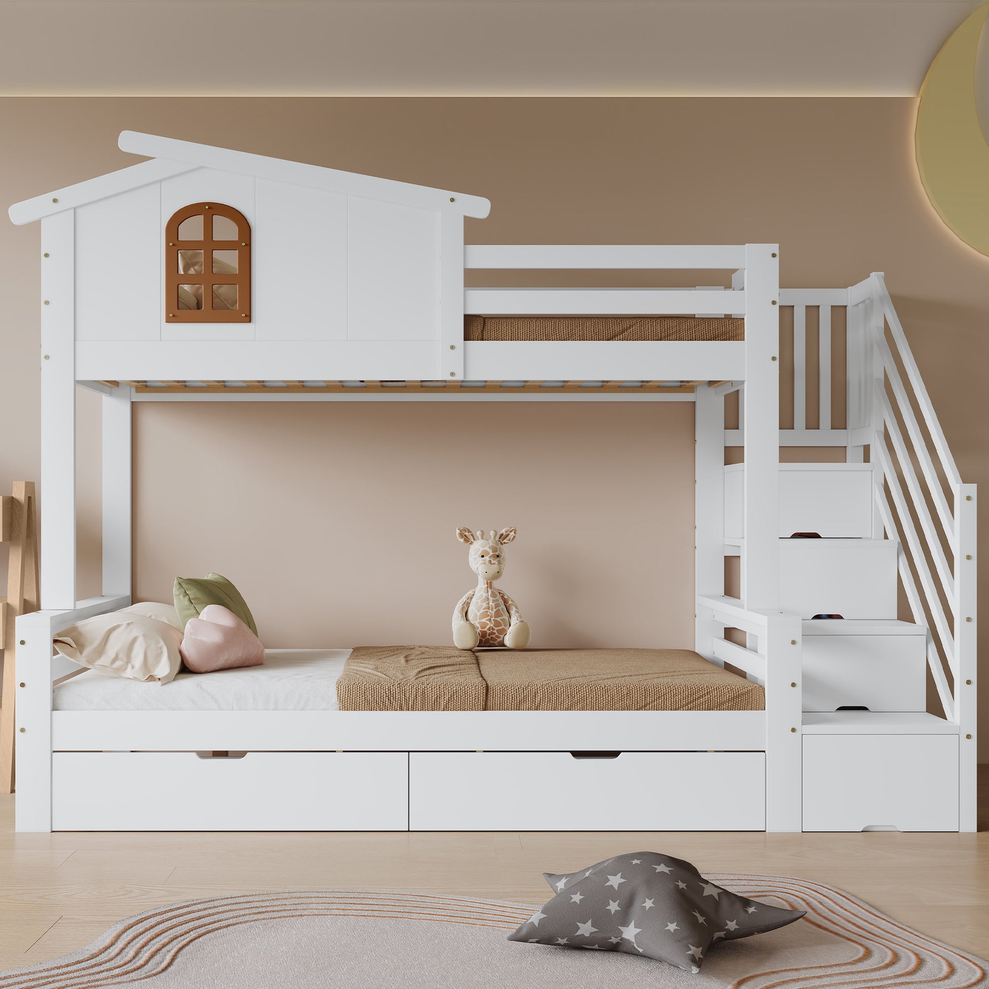 Gigab2b original image - Etagenbett, Kinderbett, Zwei Schubladen mit Rollen, Exquisite Schöne Fenster, Eck-Leiterschrank, Stabile Lattenroste, Kiefer + MDF + Sperrholz, Weiß+Natur, 90x200cm&120x200cm