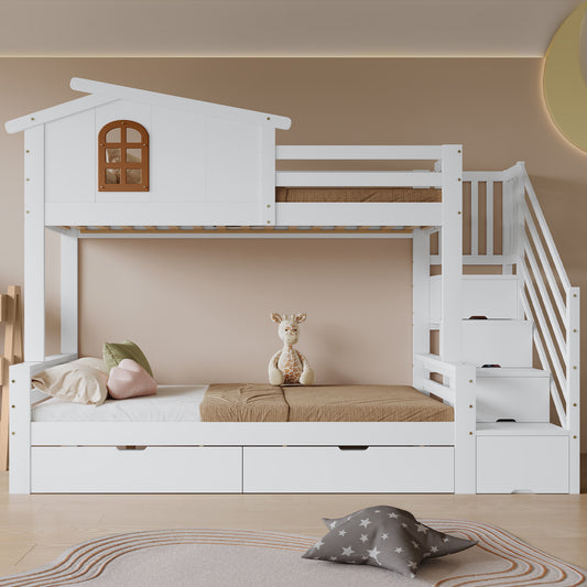 Gigab2b original image - Etagenbett, Kinderbett, Zwei Schubladen mit Rollen, Exquisite Schöne Fenster, Eck-Leiterschrank, Stabile Lattenroste, Kiefer + MDF + Sperrholz, Weiß+Natur, 90x200cm&120x200cm
