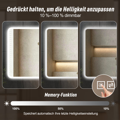 60×120cm LED Badezimmerspiegel mit Milchglasrand, Frontbeleuchtung, Anti-Beschlag, 3 Lichtfarben, Stufenlos Dimmbar, Memory-Funktion, Horizontal & Vertikal Montierbar, IP44 Wasserdicht