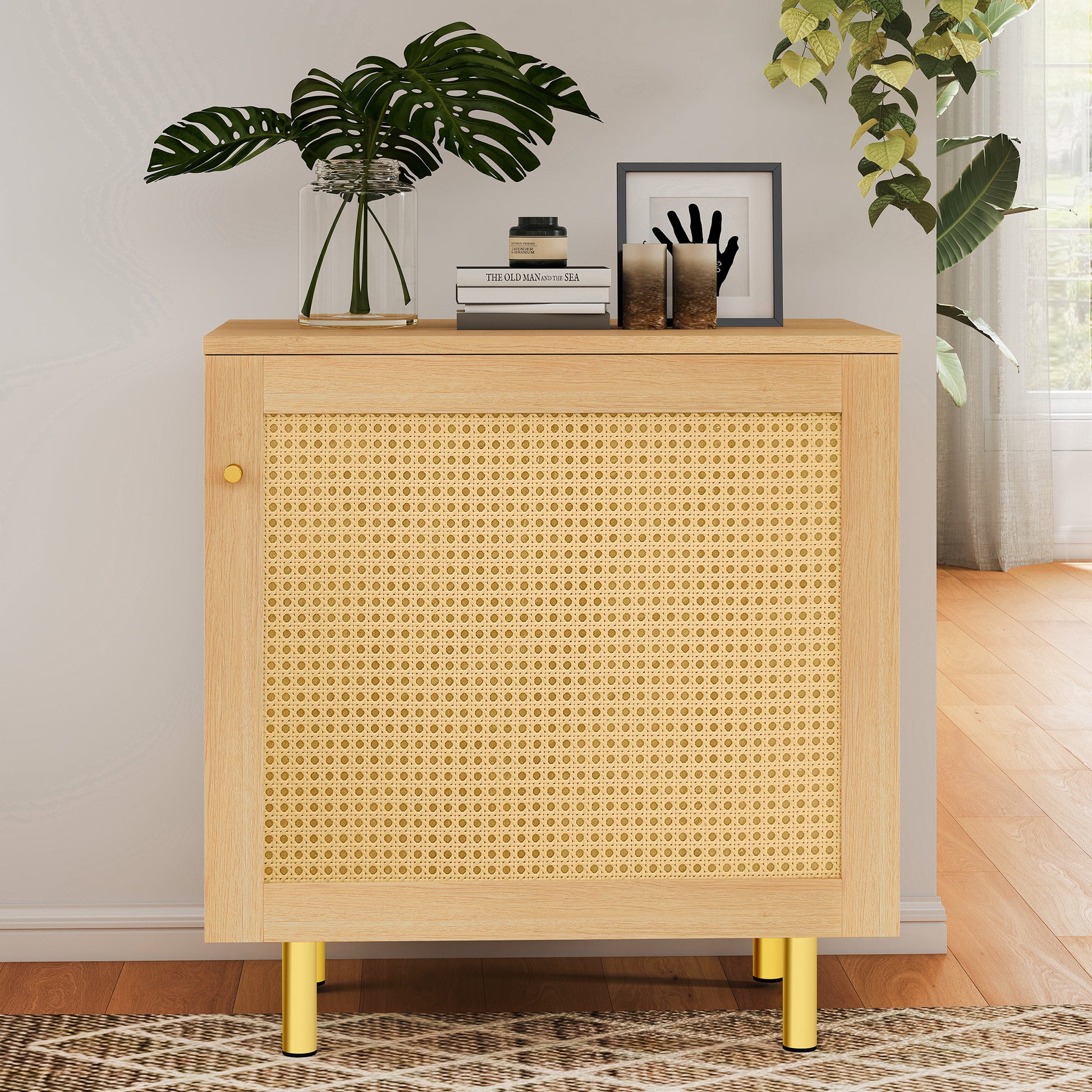 Gigab2b original image - Sideboard aus Korbgeflecht, Nachttisch,eintüriger Aufbewahrungsschrank, rustikales Sideboard für das Esszimmer. Naturholzoptik-H63/B60T40 cm