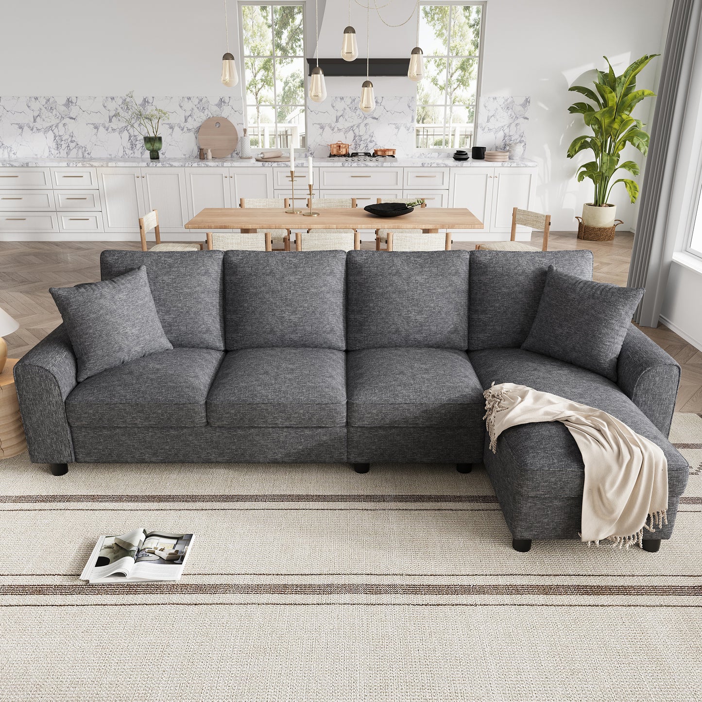 Modernes Chenille L-Form Sofa 3-Sitzer + Chaiselongue Ecksofa, Chaiselongue mit aufklappbarem Stauraum, klappbare Rückenlehne mit Getränkehaltern, multifunktionales modulares Sofa, Grau, 280×136×82cm