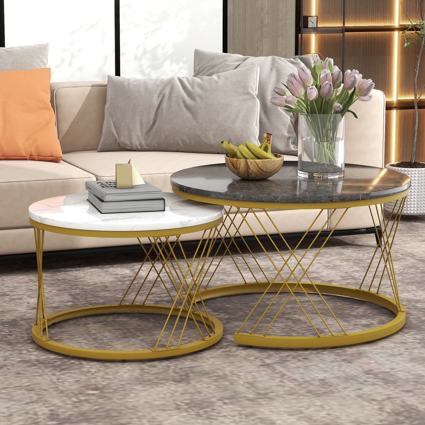 (WF300416AAA)Moderne Nesting Couchtisch, Couchtisch Satz Marmor Furnier Sofa Seite Nest von Tischen Runde Endtische, Satz von 2, Goldene Farbe Frame