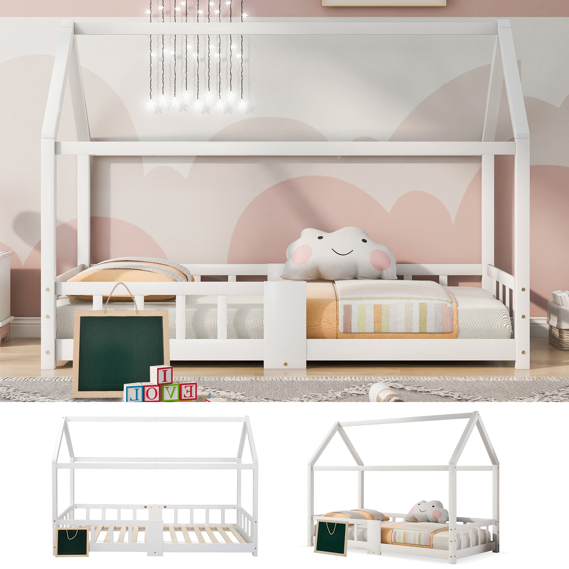 Gigab2b original image - Kinderbett Hausbett 90 x 200 cmHolzbett für Kinderzimmer inkl.Tafel Lattenrosten Rausfallschutz, aus KiefernholzWeiß (ohne Matratze)